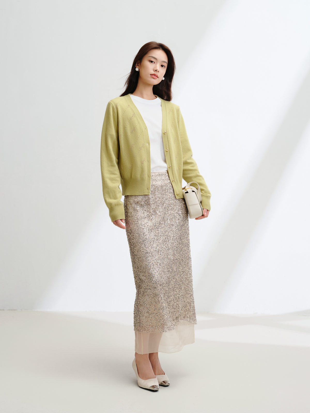 EP YAYING Wool Cashmere V-Neck Sequin Knit Cardigan Sweater
