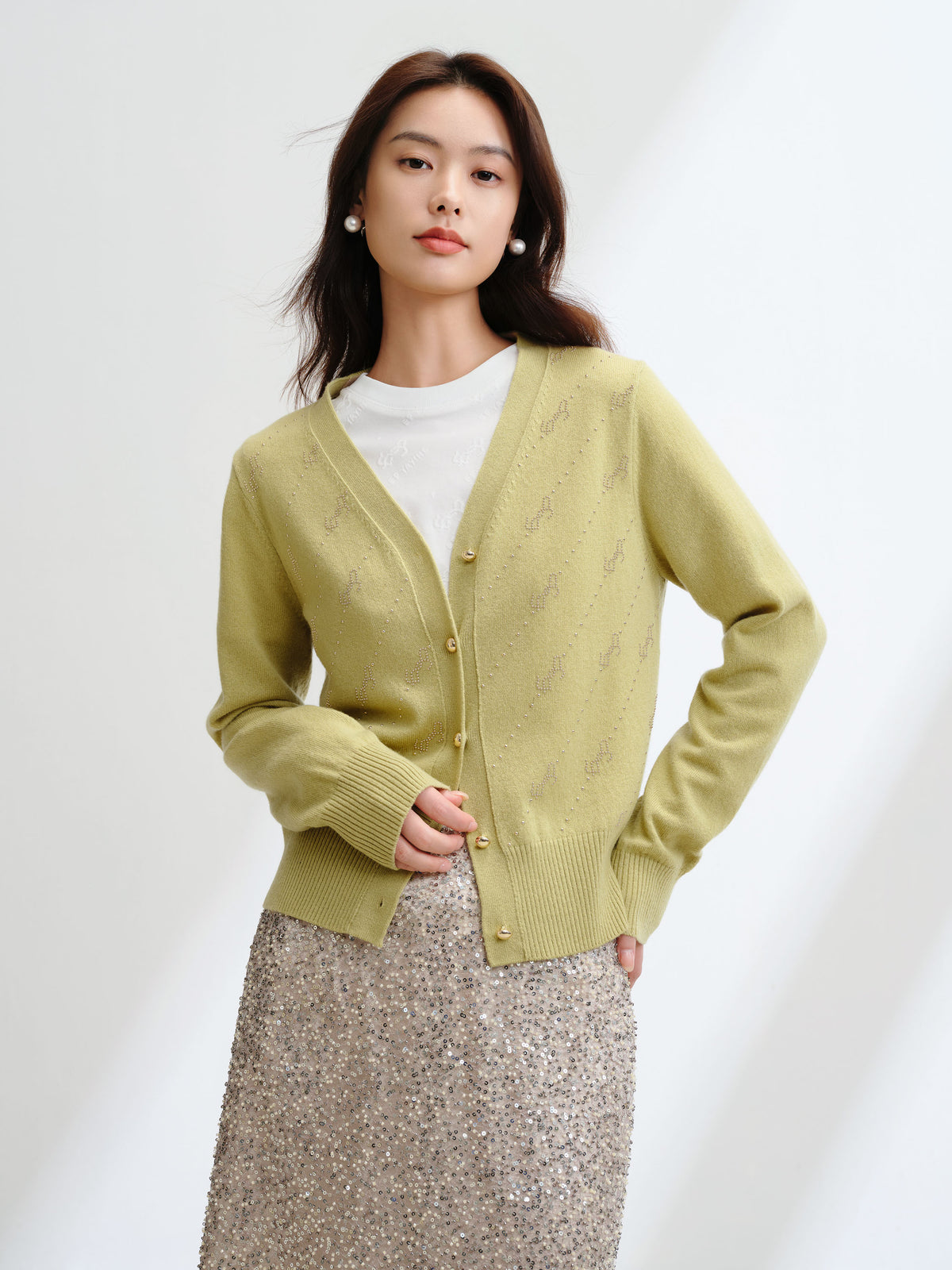 EP YAYING Wool Cashmere V-Neck Sequin Knit Cardigan Sweater
