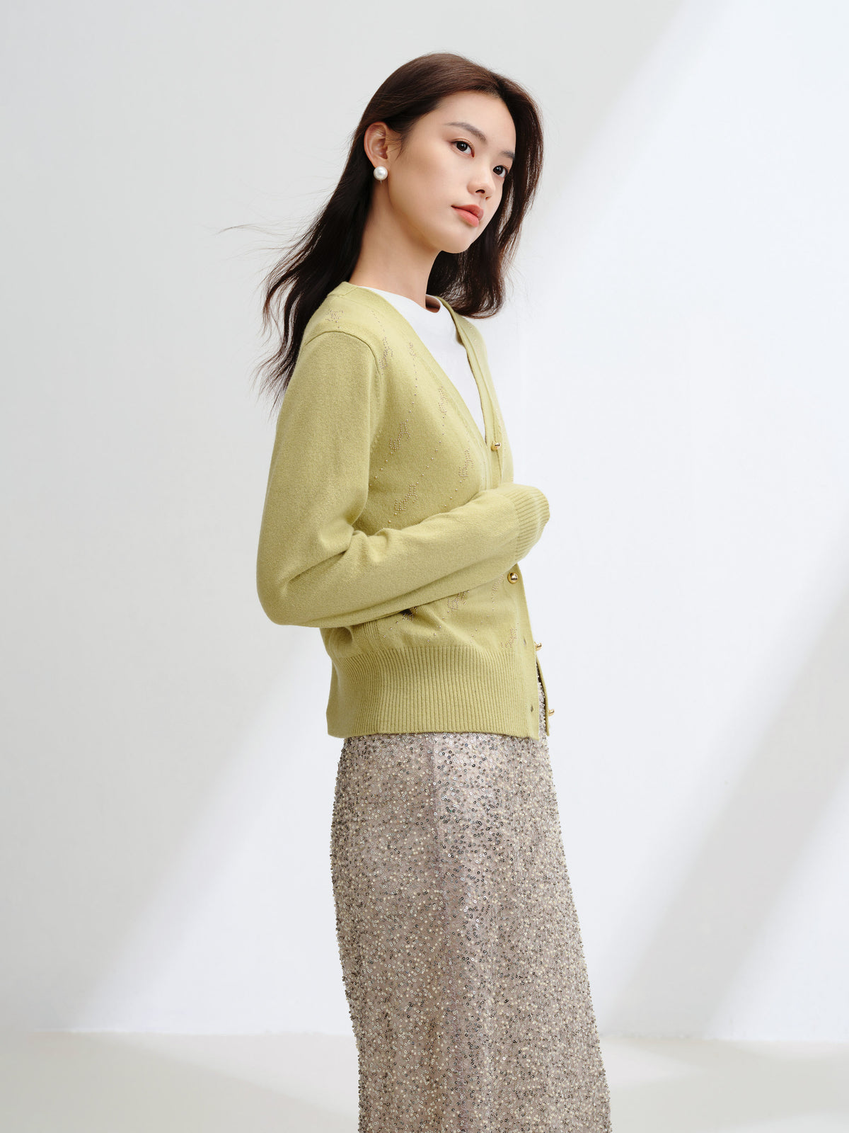 EP YAYING Wool Cashmere V-Neck Sequin Knit Cardigan Sweater