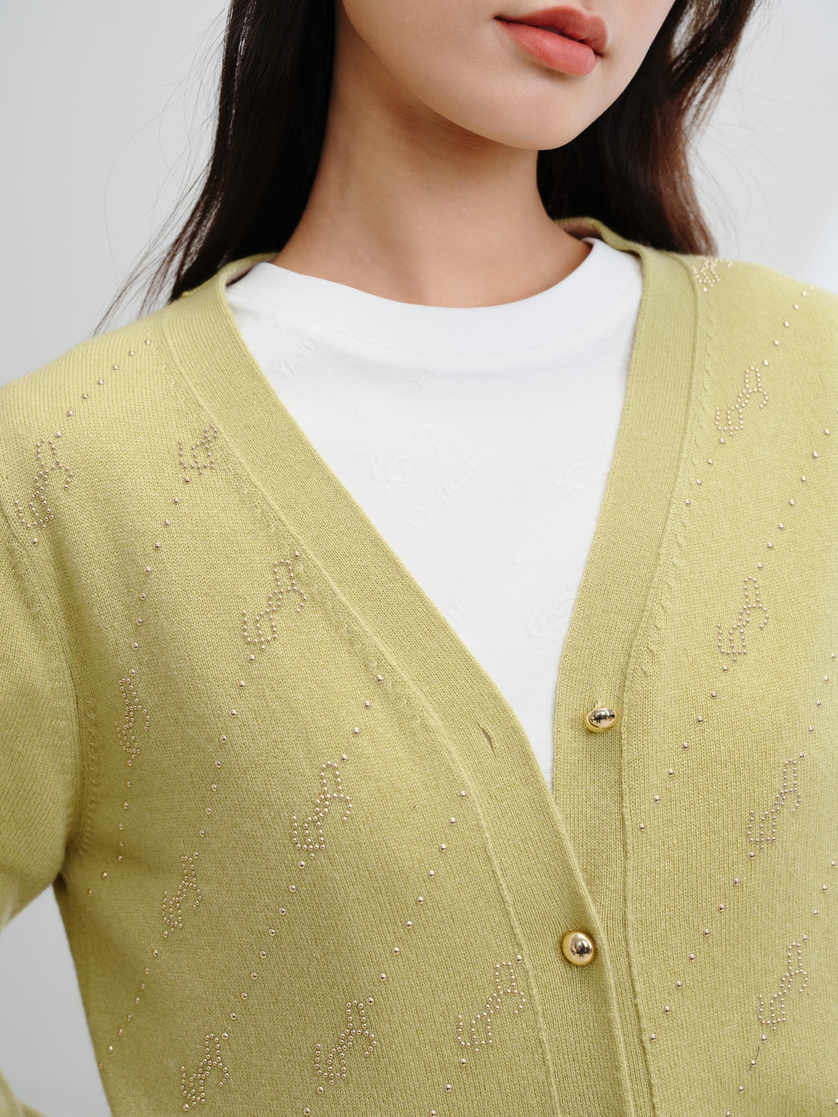 EP YAYING Wool Cashmere V-Neck Sequin Knit Cardigan Sweater