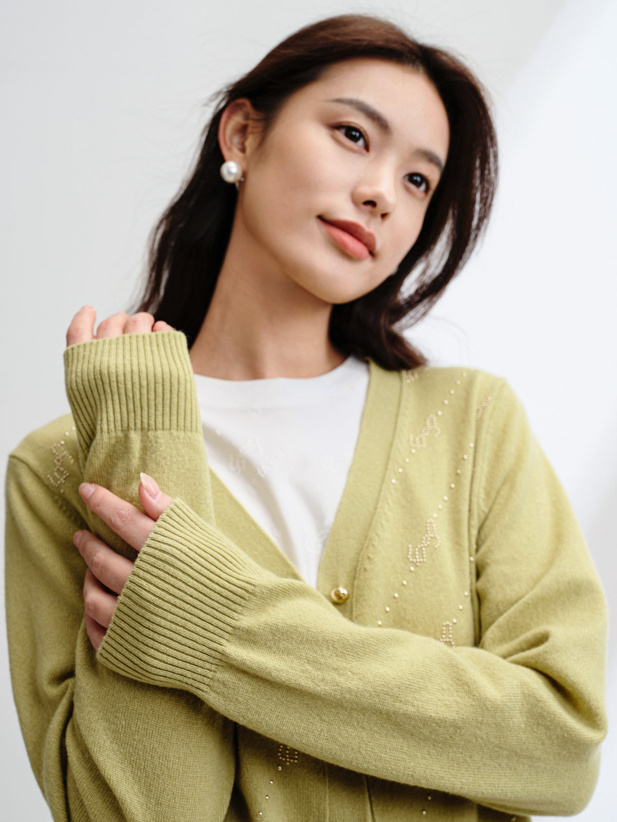EP YAYING Wool Cashmere V-Neck Sequin Knit Cardigan Sweater