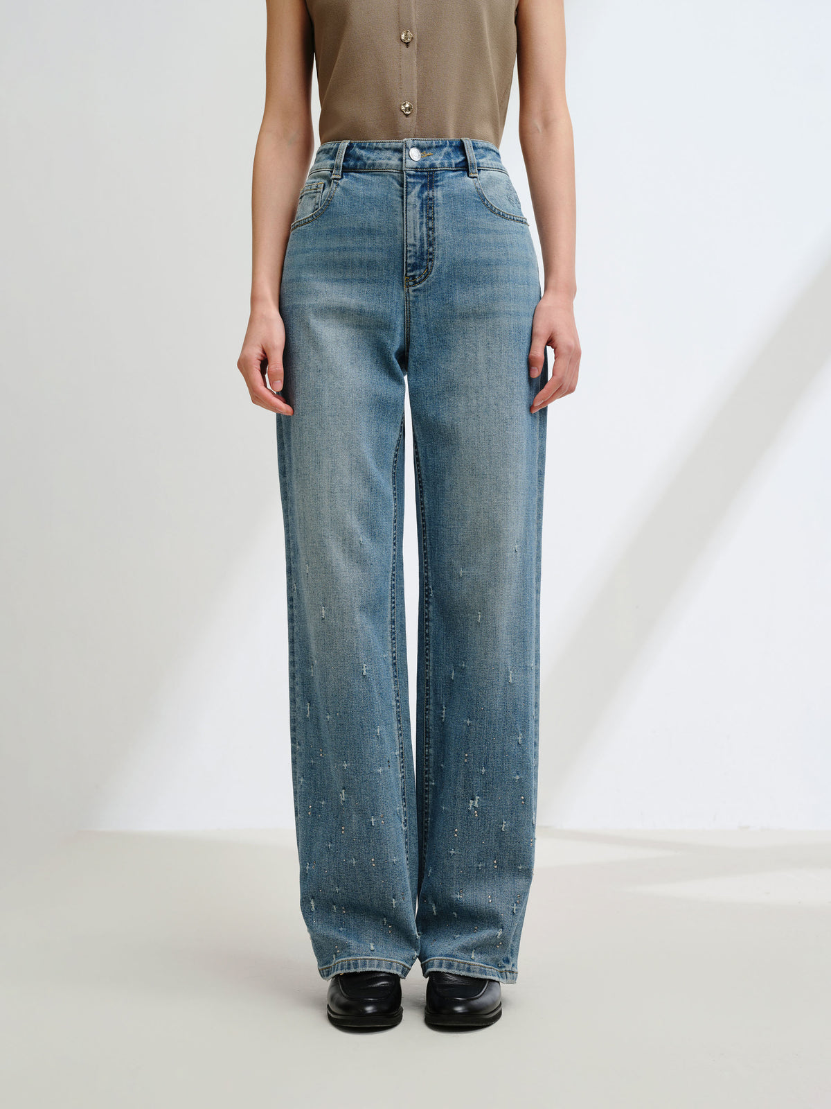 EP YAYING Rhinestone Cotton High-Waist Straight-Leg Jeans
