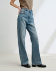 EP YAYING Rhinestone Cotton High-Waist Straight-Leg Jeans