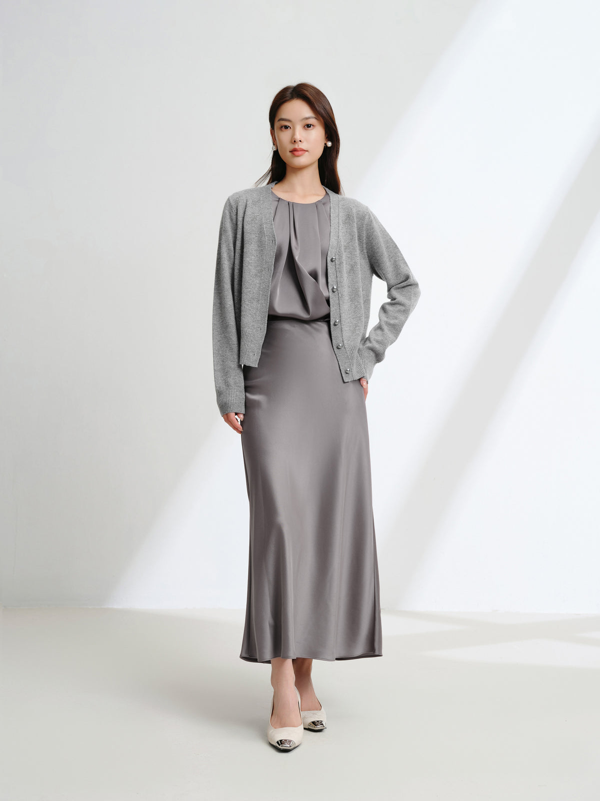 EP YAYING Wool Cashmere V-Neck Sequin Knit Cardigan Sweater