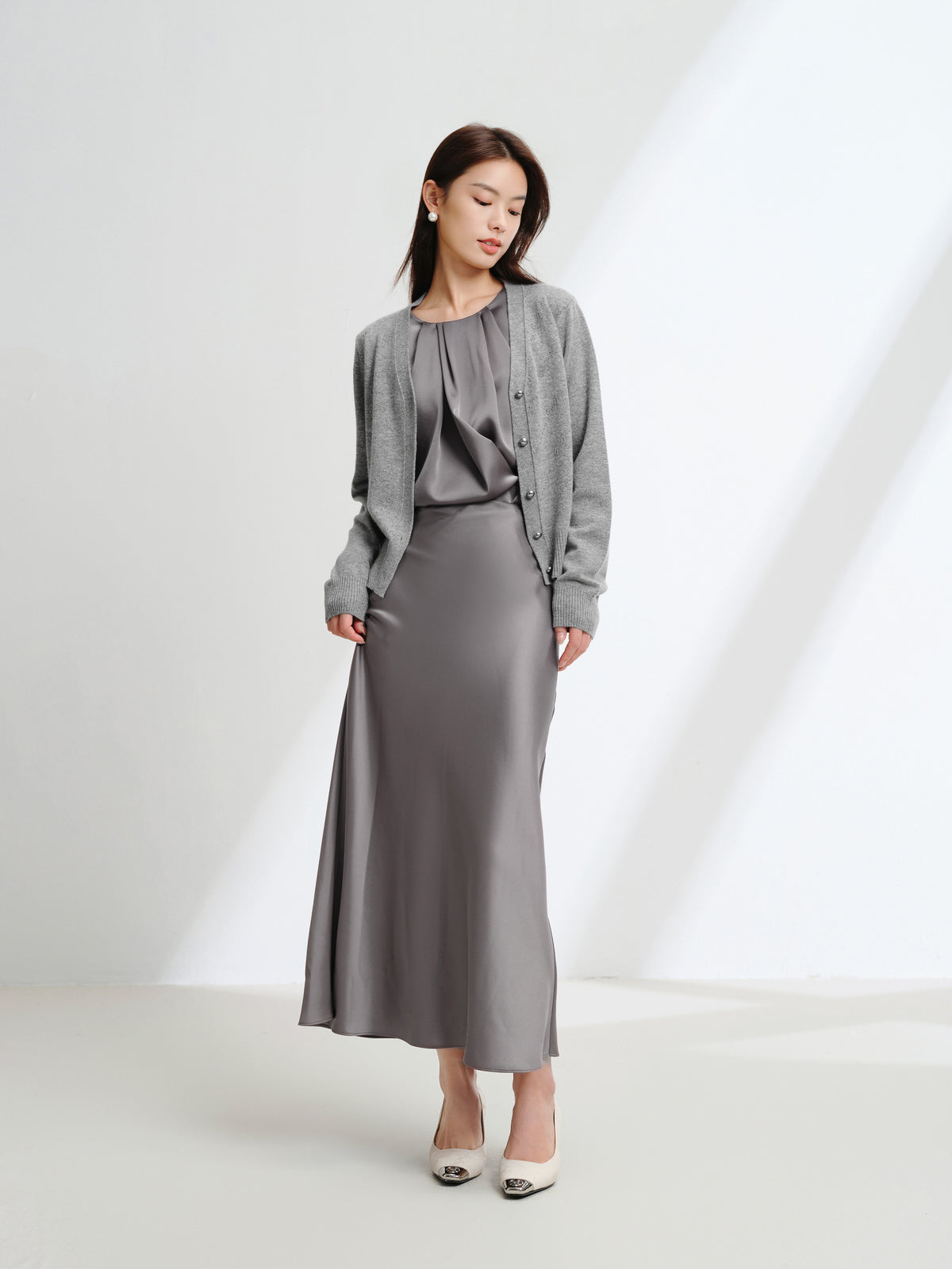 EP YAYING Wool Cashmere V-Neck Sequin Knit Cardigan Sweater