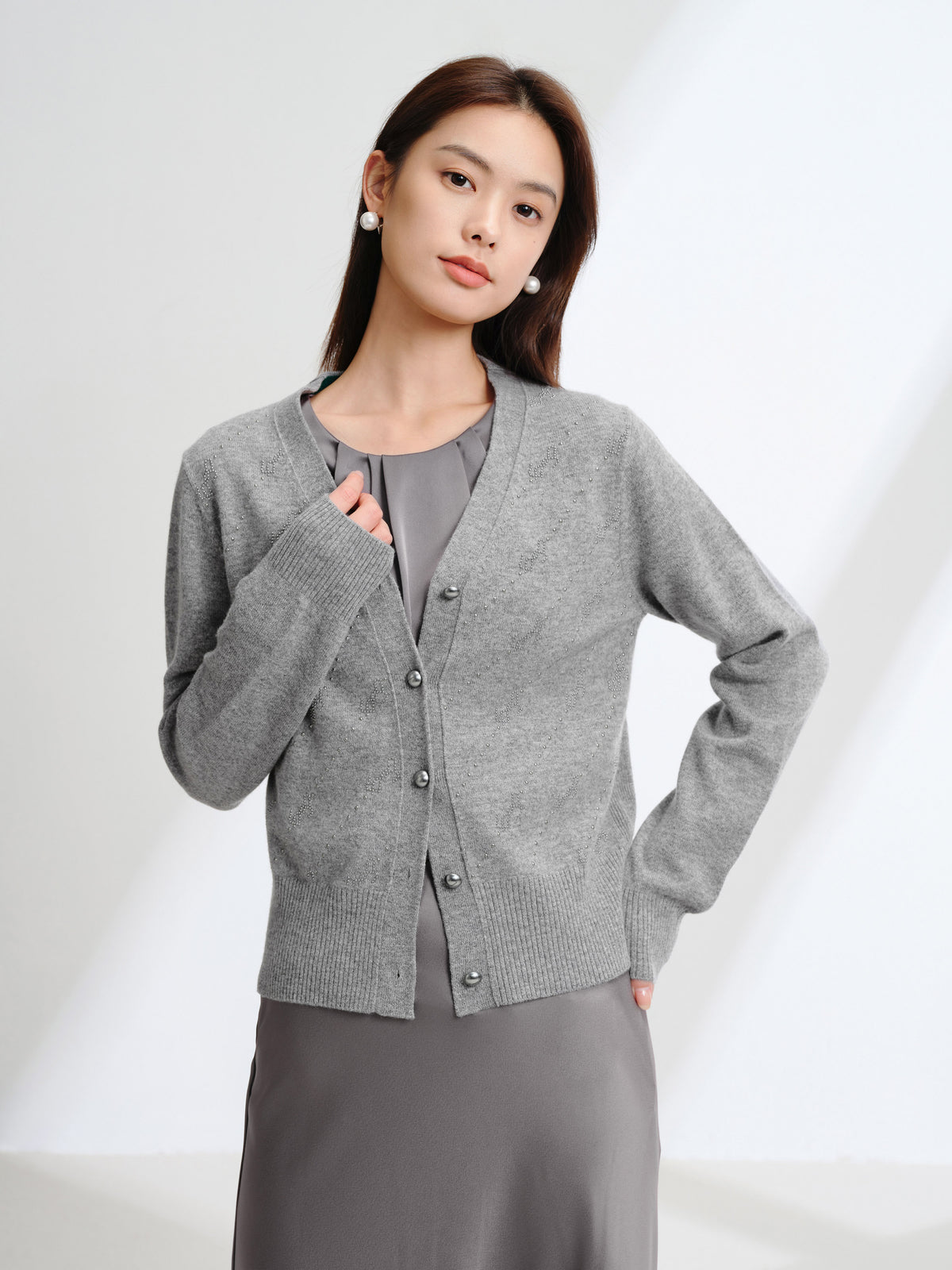 EP YAYING Wool Cashmere V-Neck Sequin Knit Cardigan Sweater