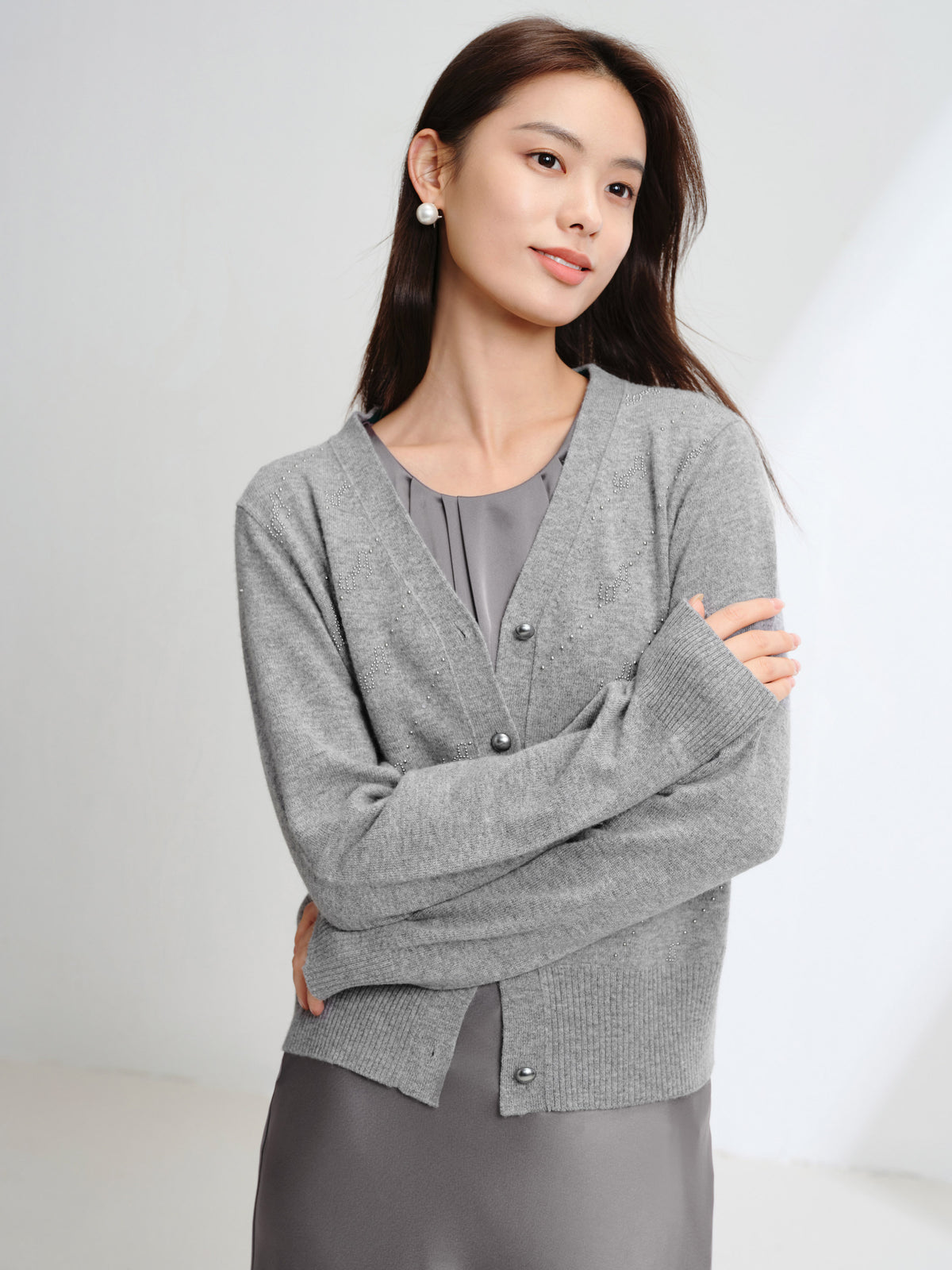 EP YAYING Wool Cashmere V-Neck Sequin Knit Cardigan Sweater