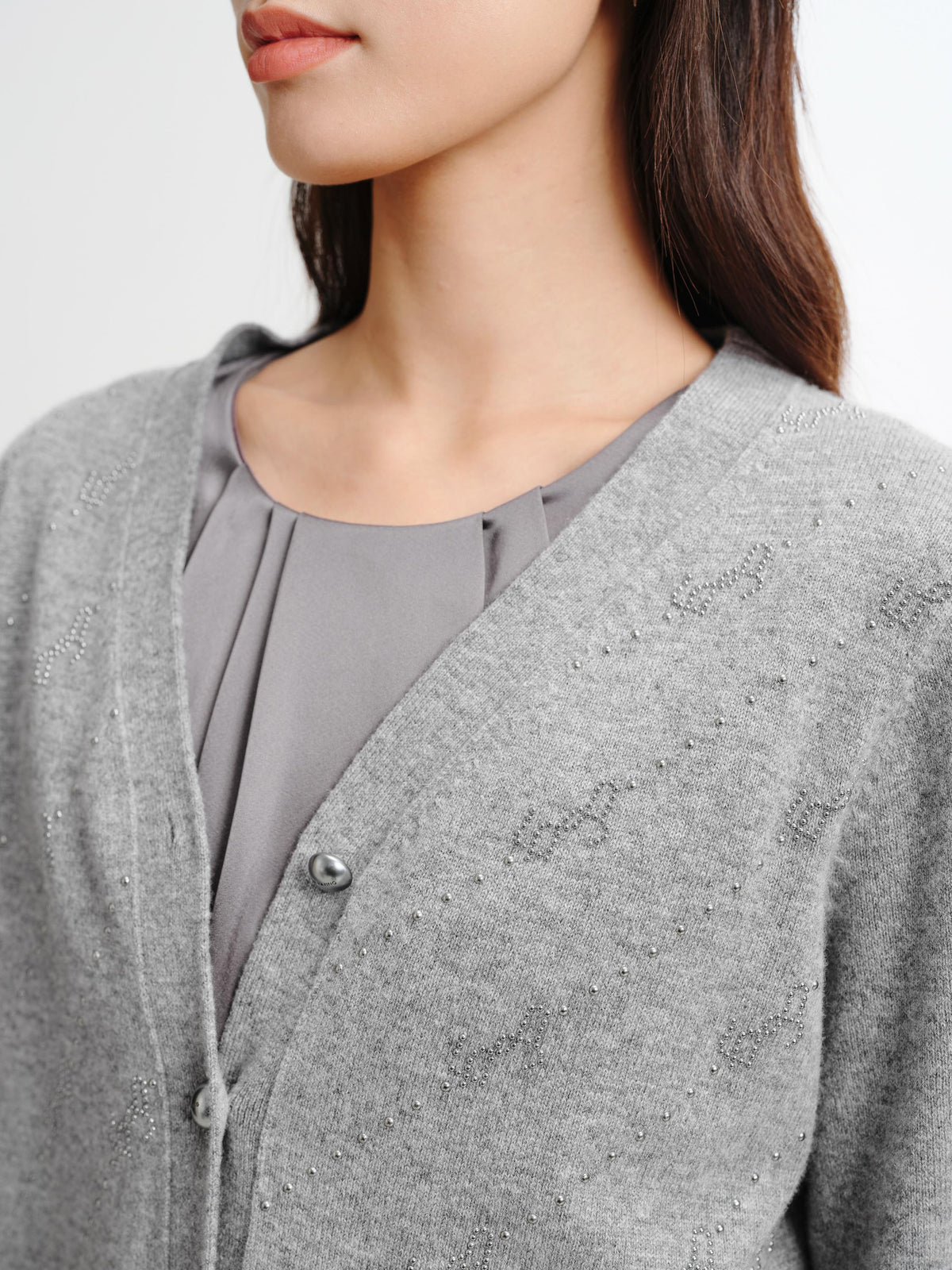 EP YAYING Wool Cashmere V-Neck Sequin Knit Cardigan Sweater