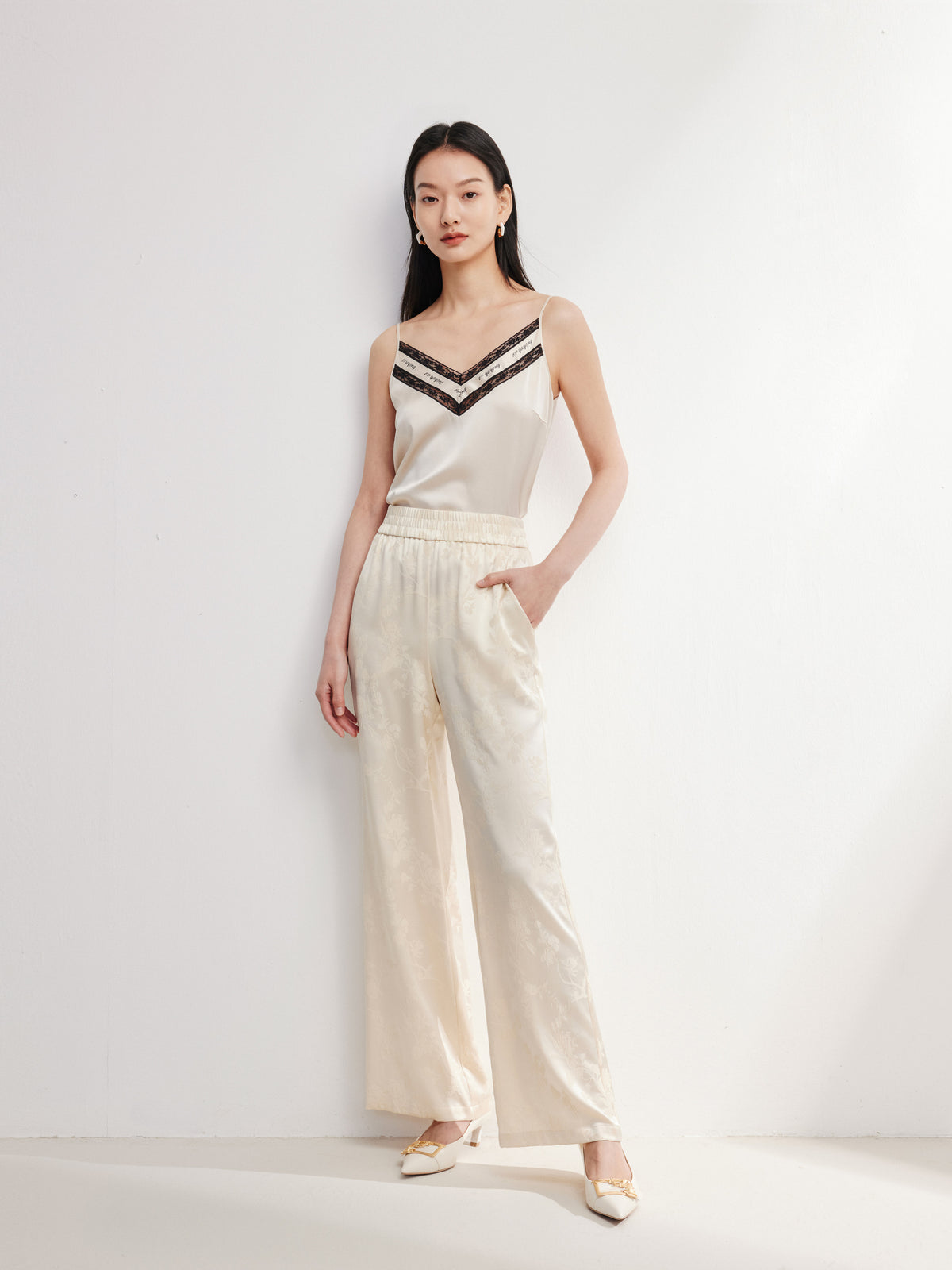 EP YAYING Silk Jacquard High-Waist Blazer Pants