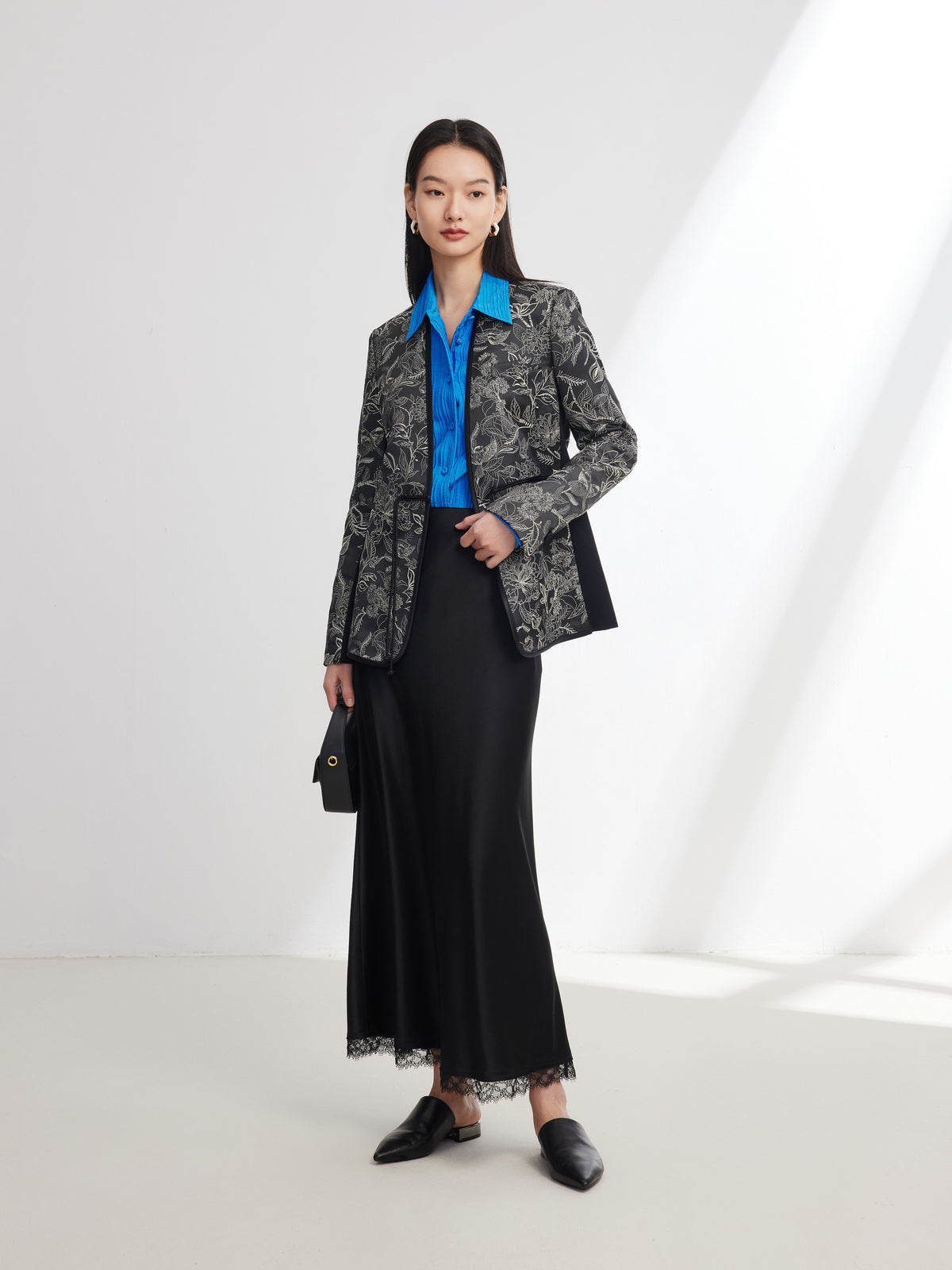EP YAYING Silk Satin Jacquard Waist-Cinched Blazer