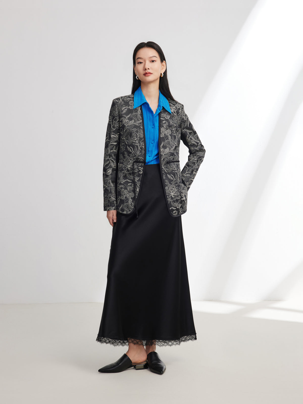 EP YAYING Silk Satin Jacquard Waist-Cinched Blazer