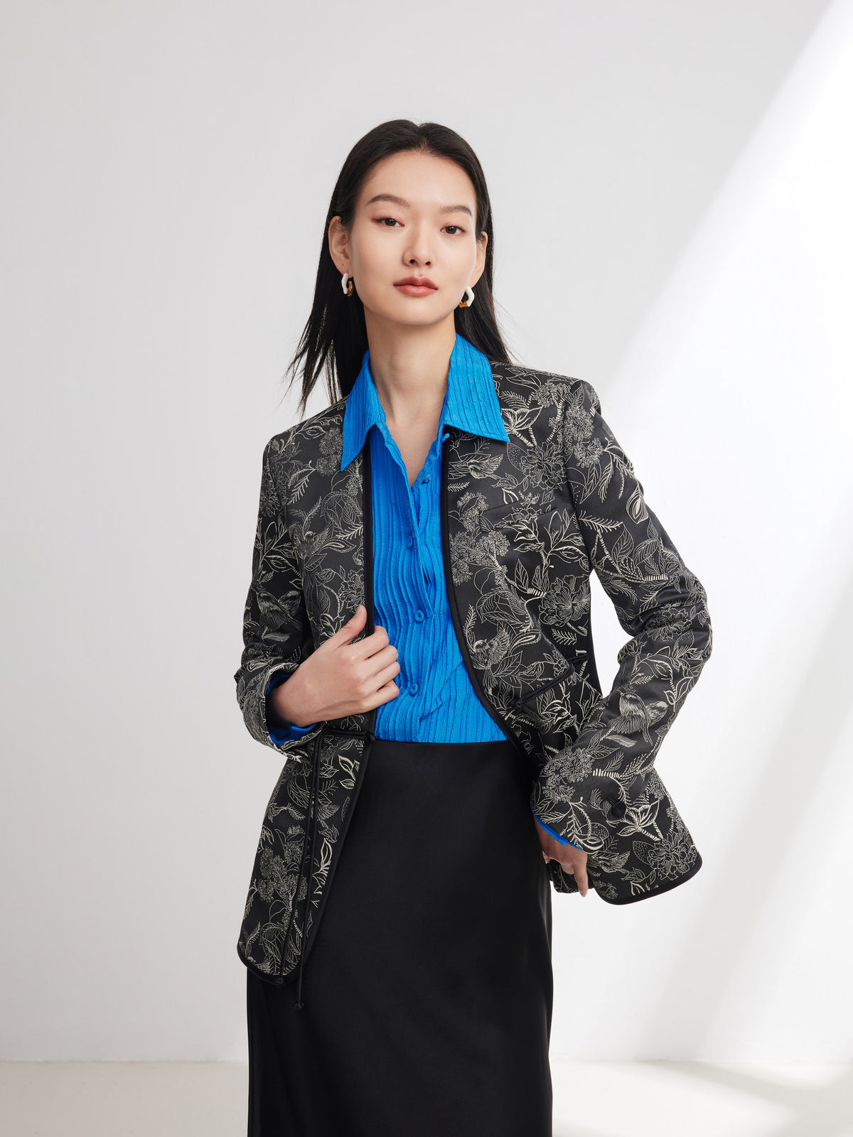 EP YAYING Silk Satin Jacquard Waist-Cinched Blazer