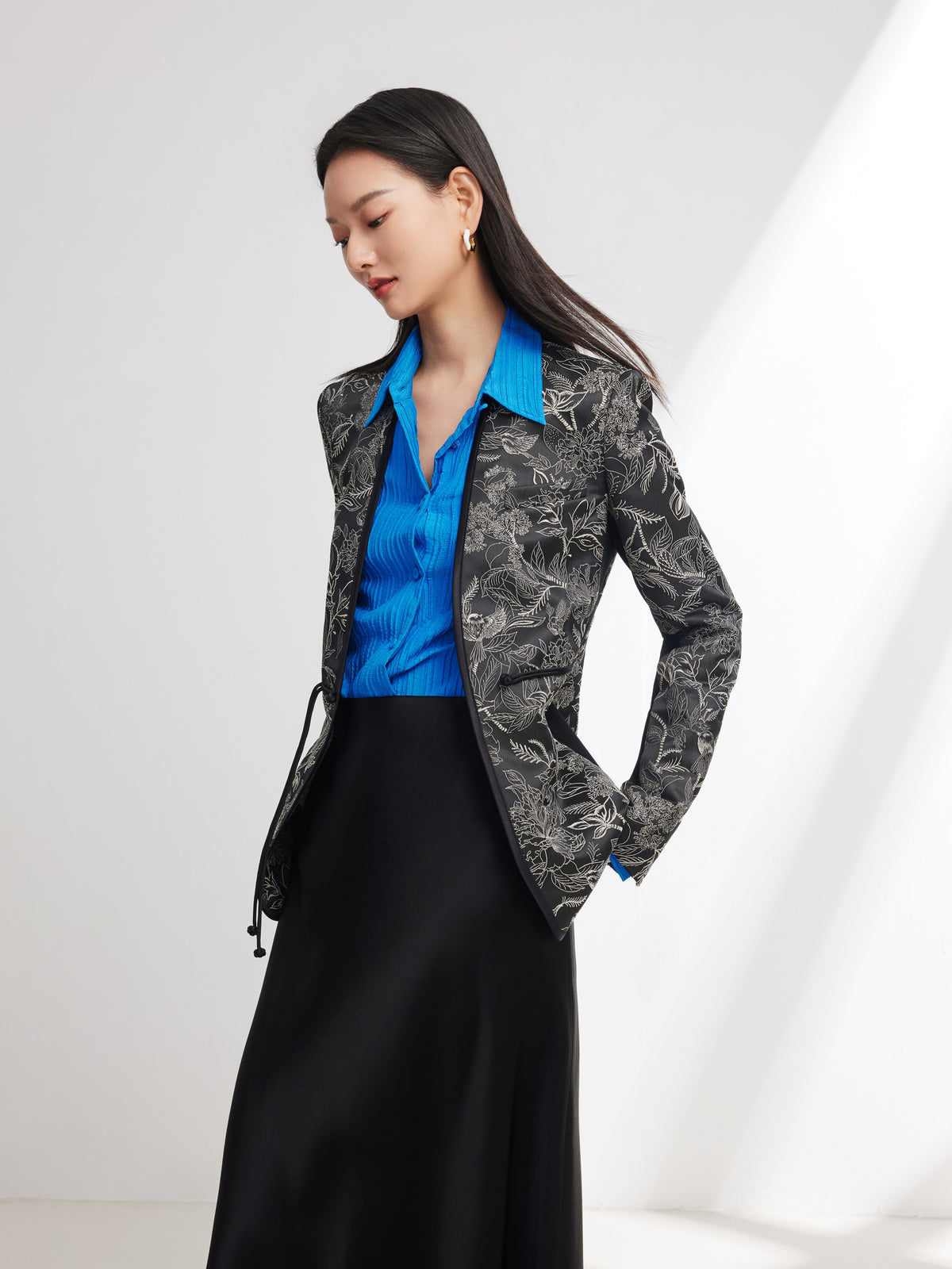 EP YAYING Silk Satin Jacquard Waist-Cinched Blazer