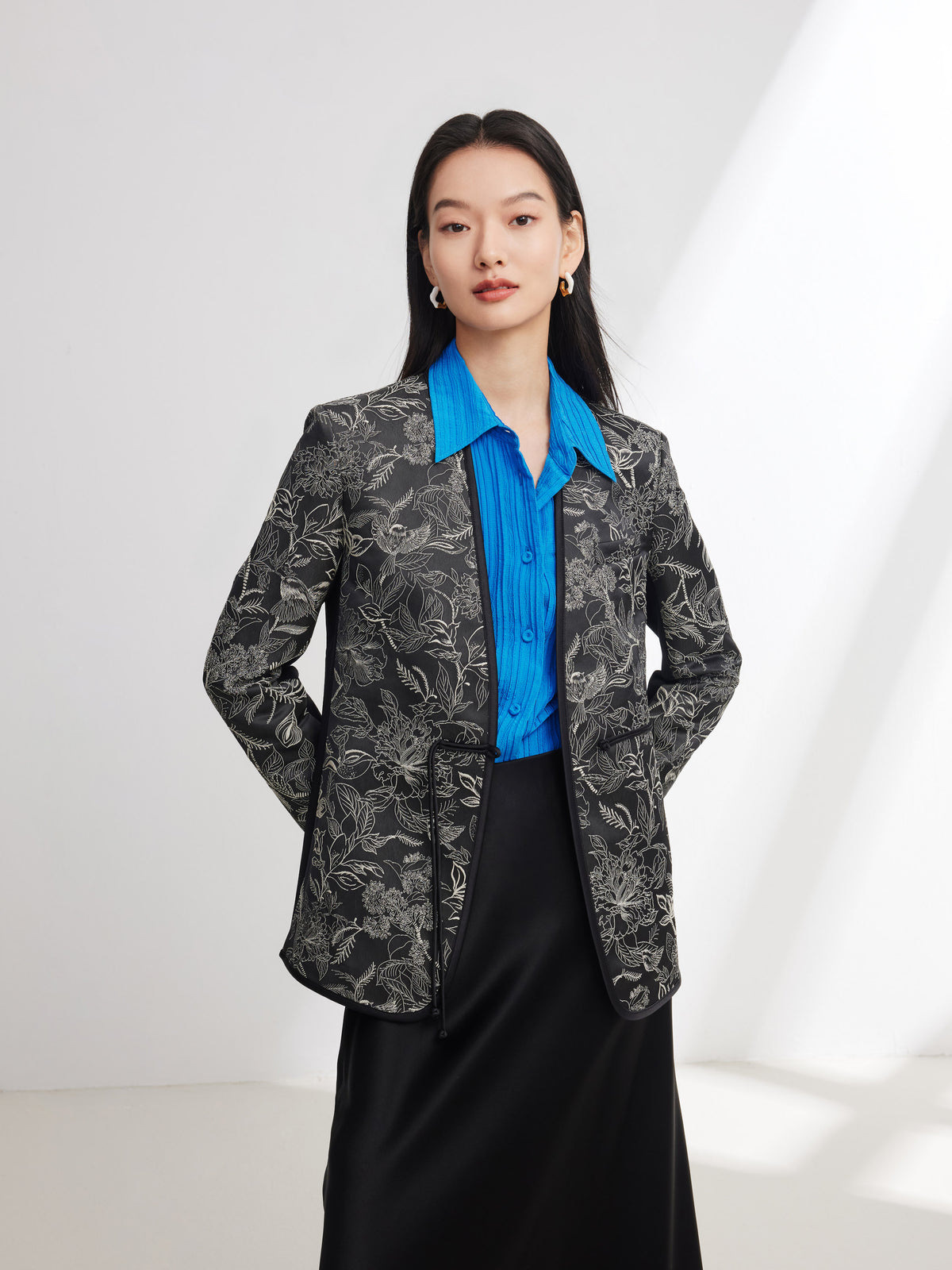 EP YAYING Silk Satin Jacquard Waist-Cinched Blazer