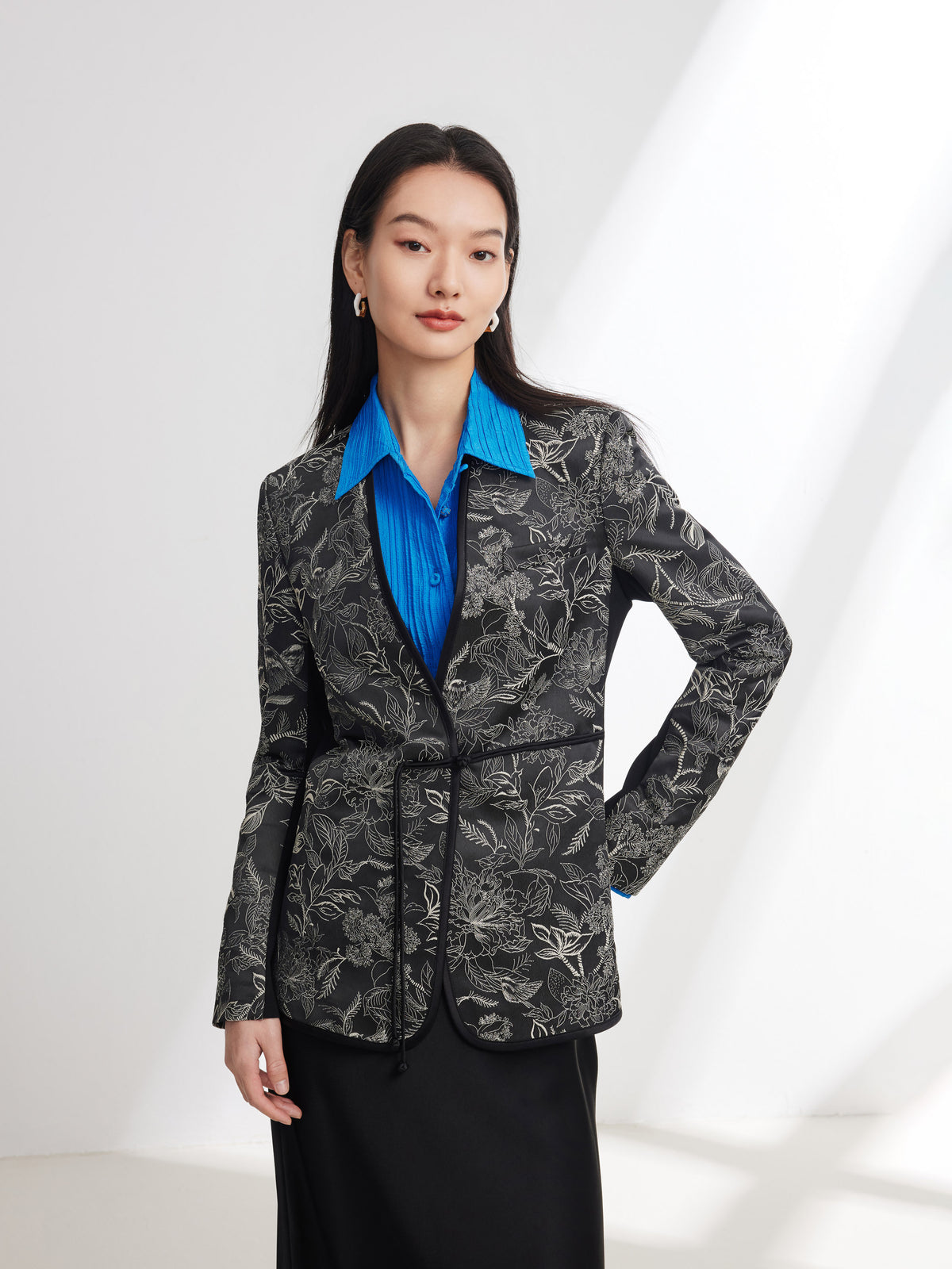 EP YAYING Silk Satin Jacquard Waist-Cinched Blazer