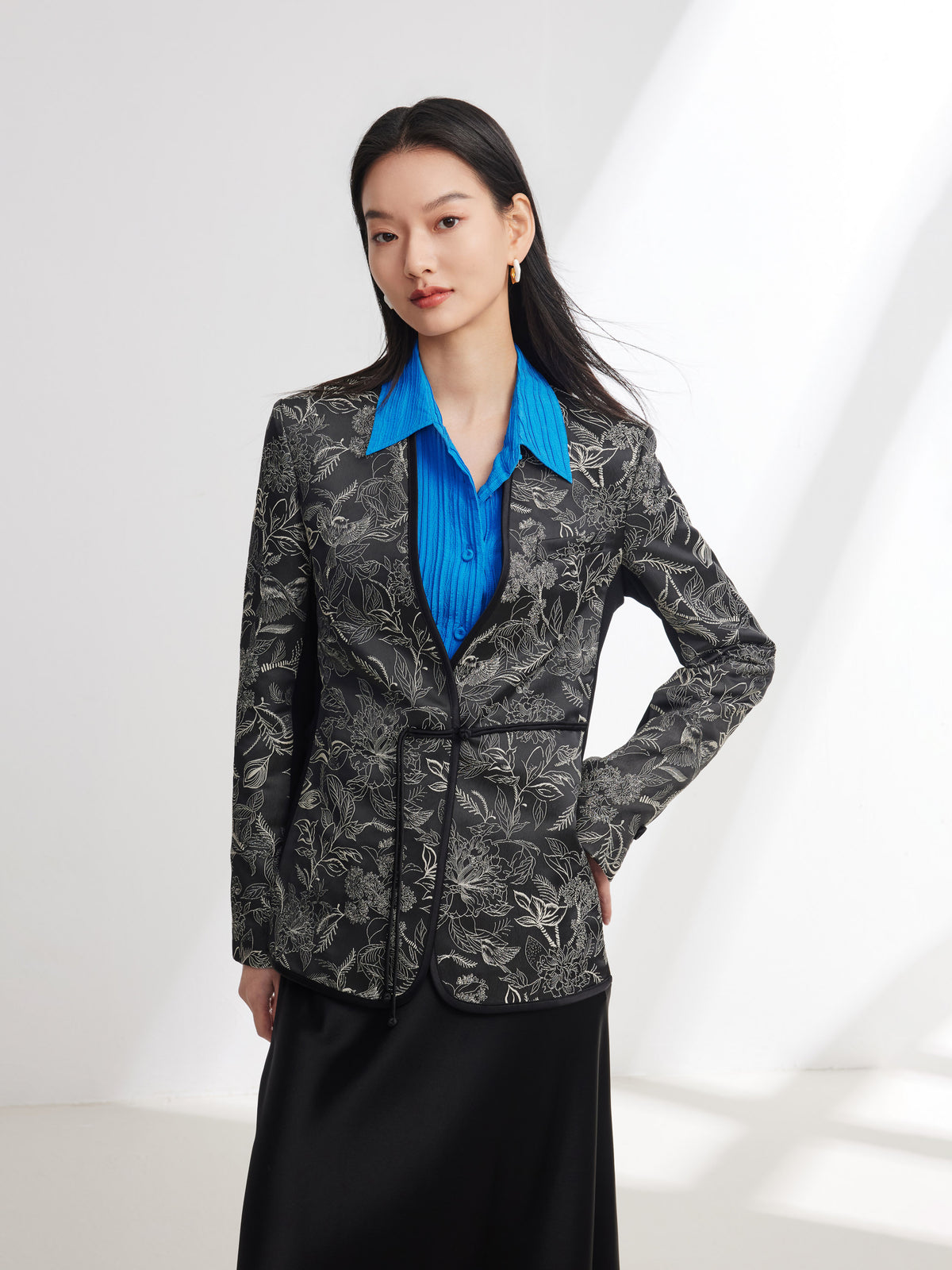 EP YAYING Silk Satin Jacquard Waist-Cinched Blazer