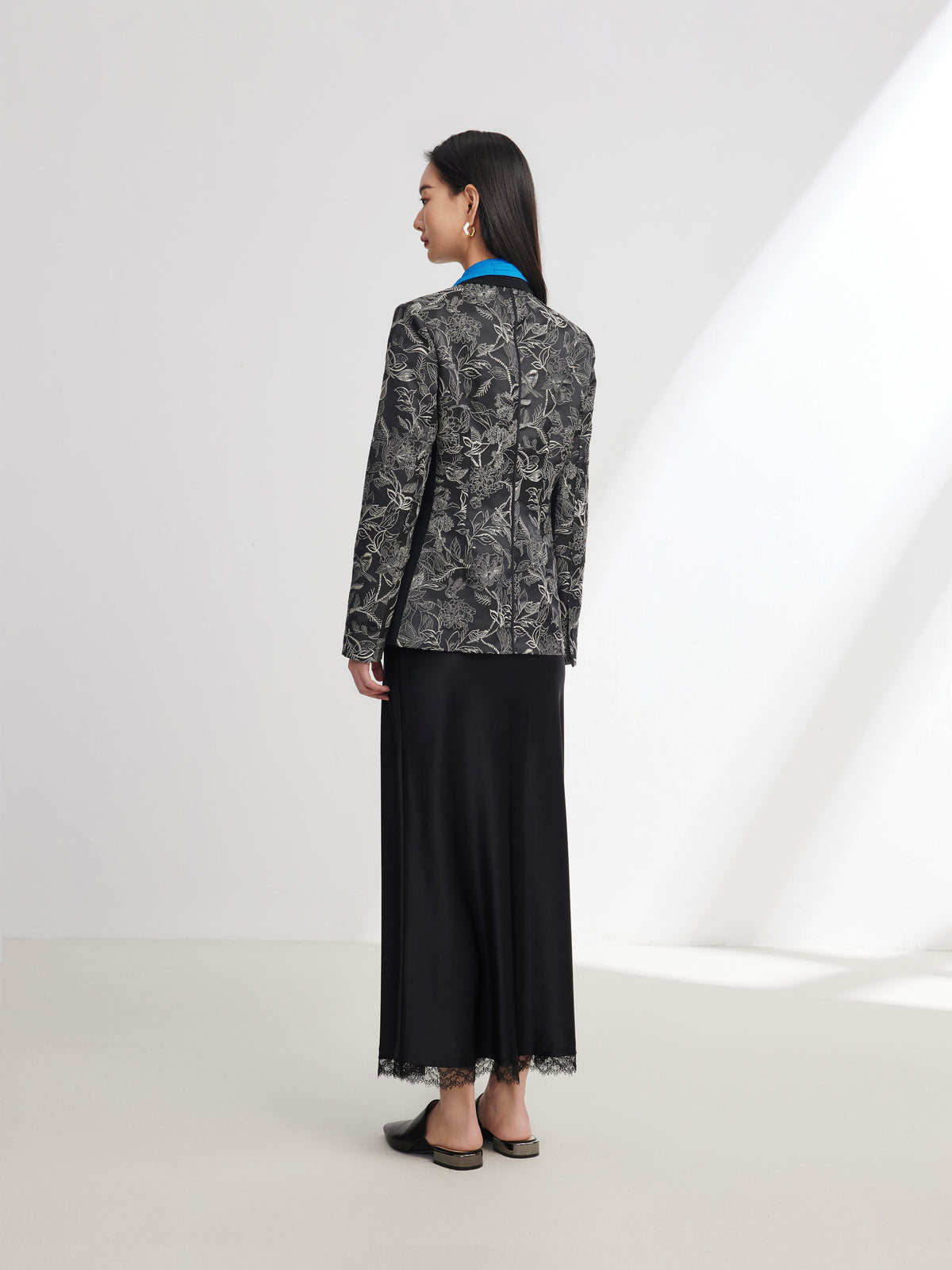 EP YAYING Silk Satin Jacquard Waist-Cinched Blazer