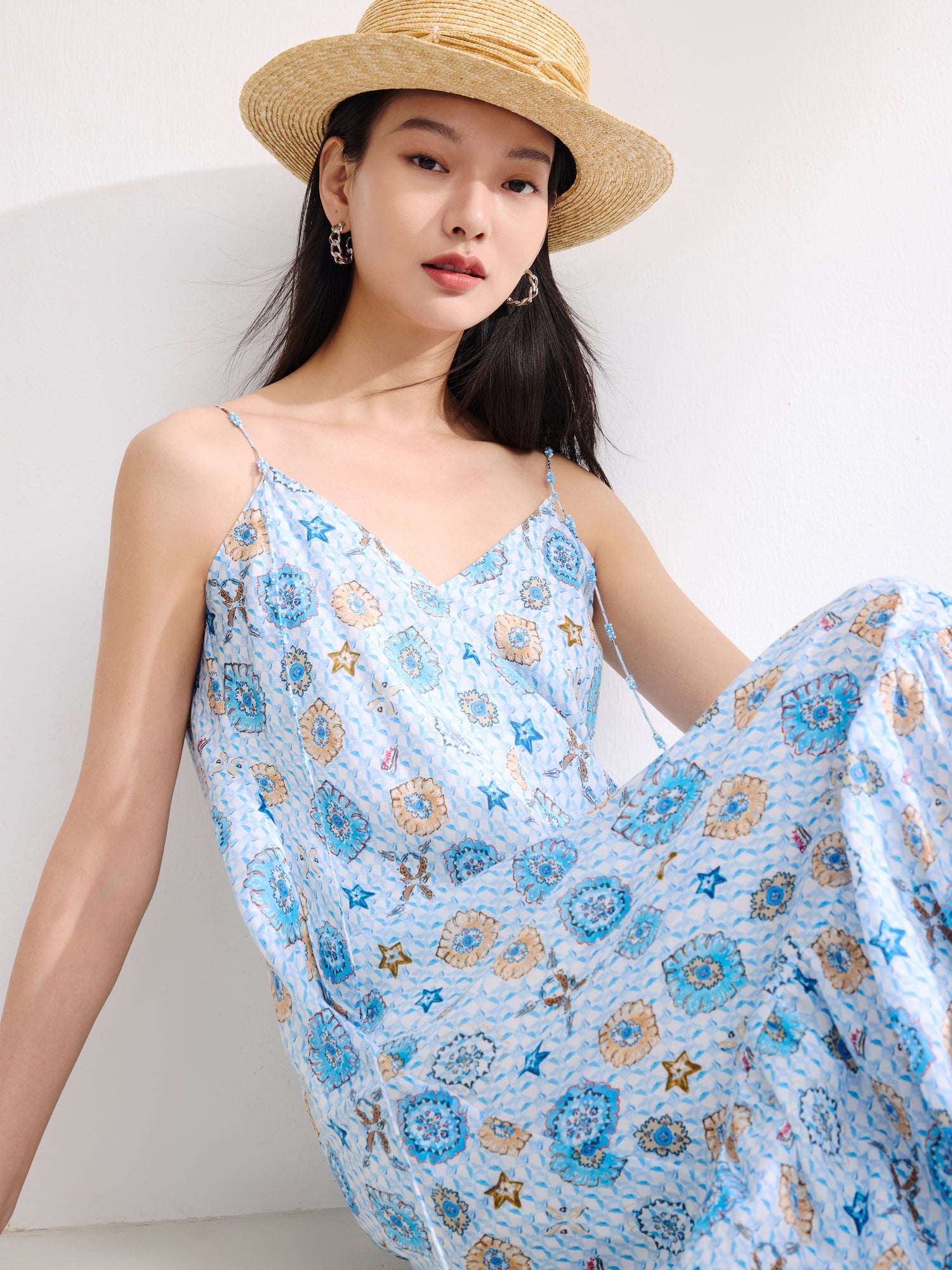 EP YAYING Mulberry Silk Floral Suspenders Dress