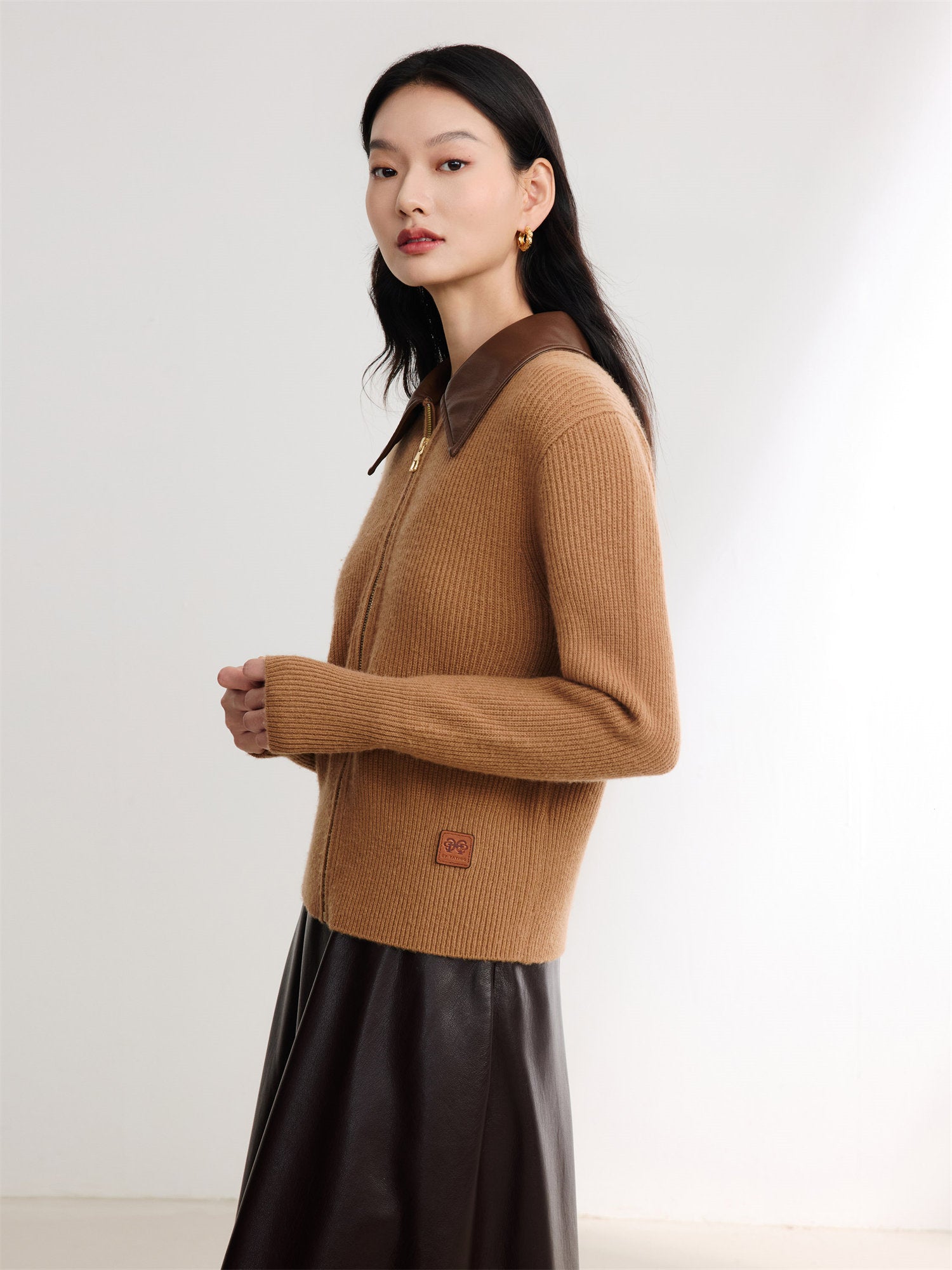 EP YAYING Cashmere Leather Collar Knitted Sweater