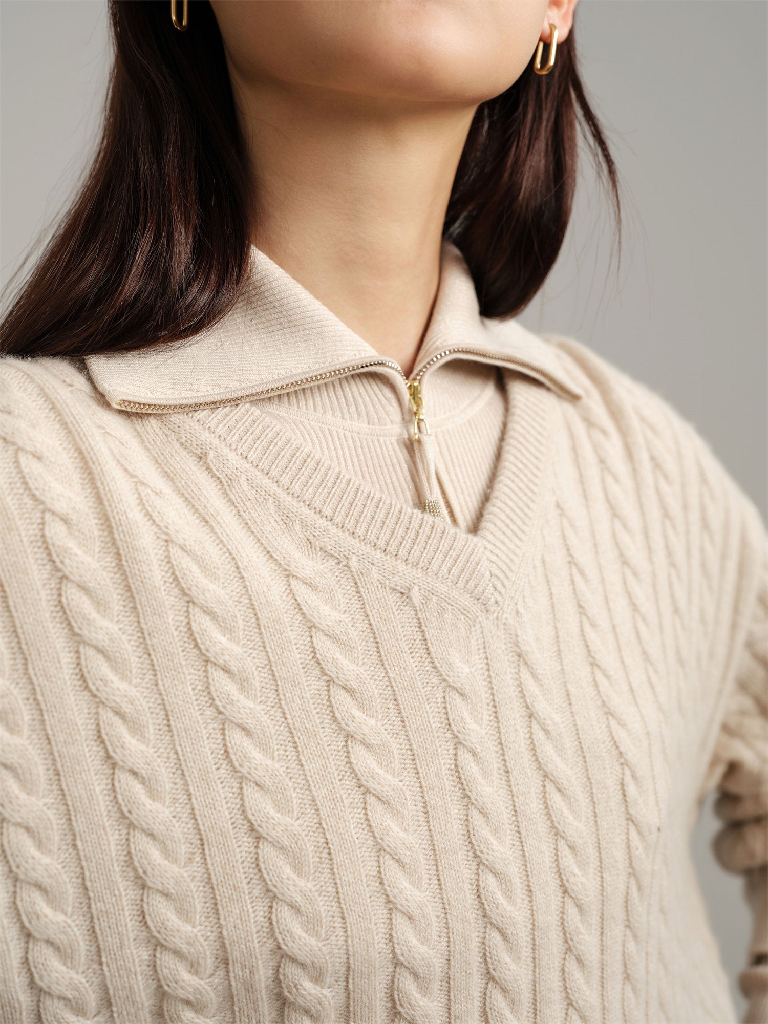 EP YAYING V-Neck Cable Knit Cashmere Sweater