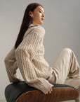 EP YAYING V-Neck Cable Knit Cashmere Sweater