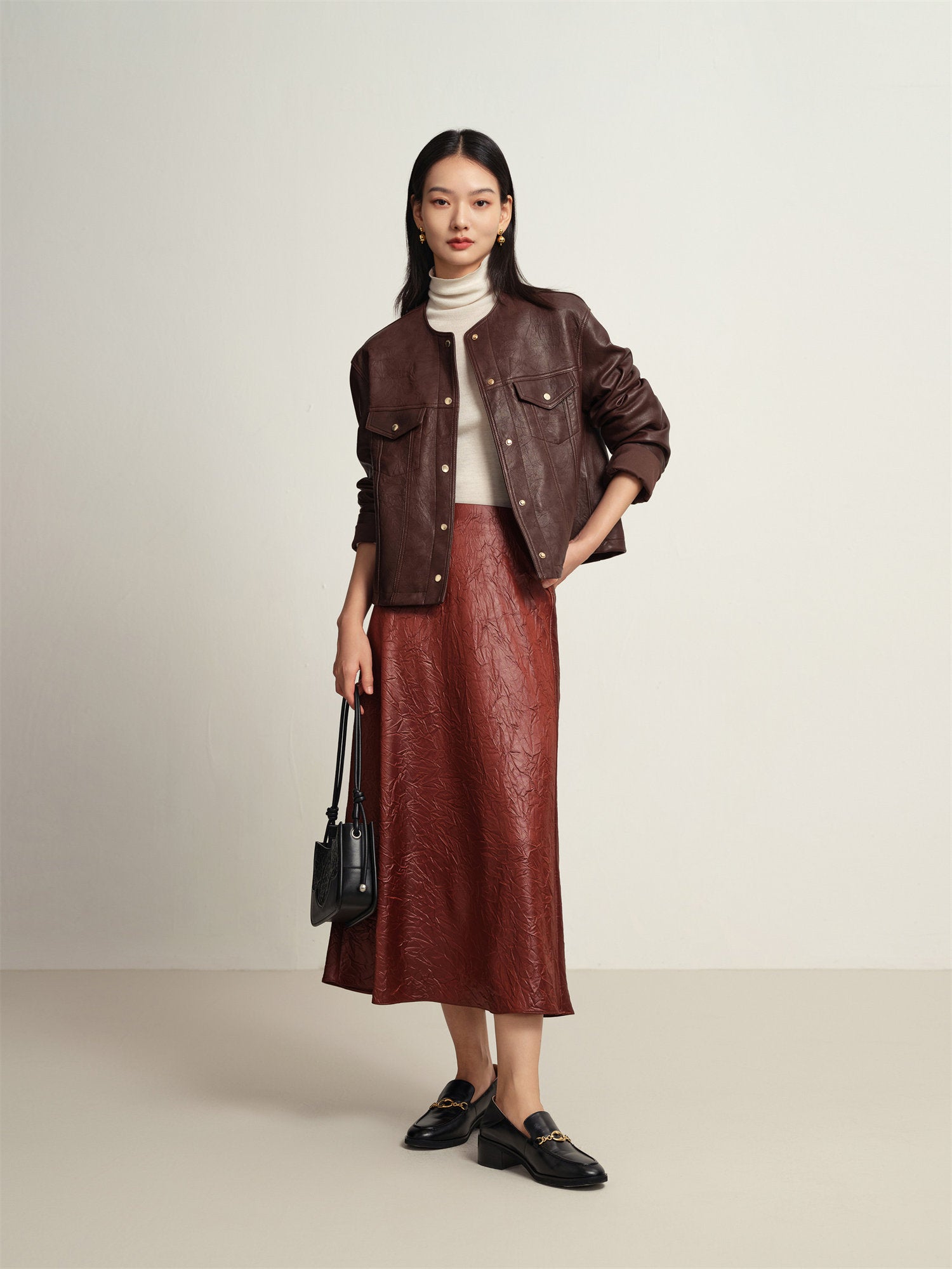 EP YAYING Leather Round Neck Leather Jacket