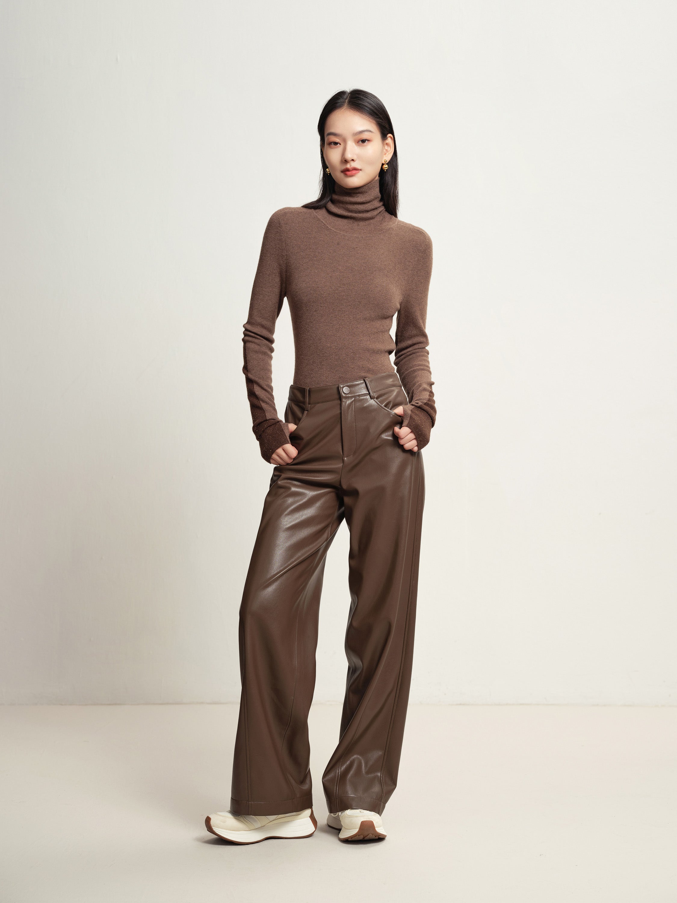 EP YAYING Brown Turtleneck Knit Top