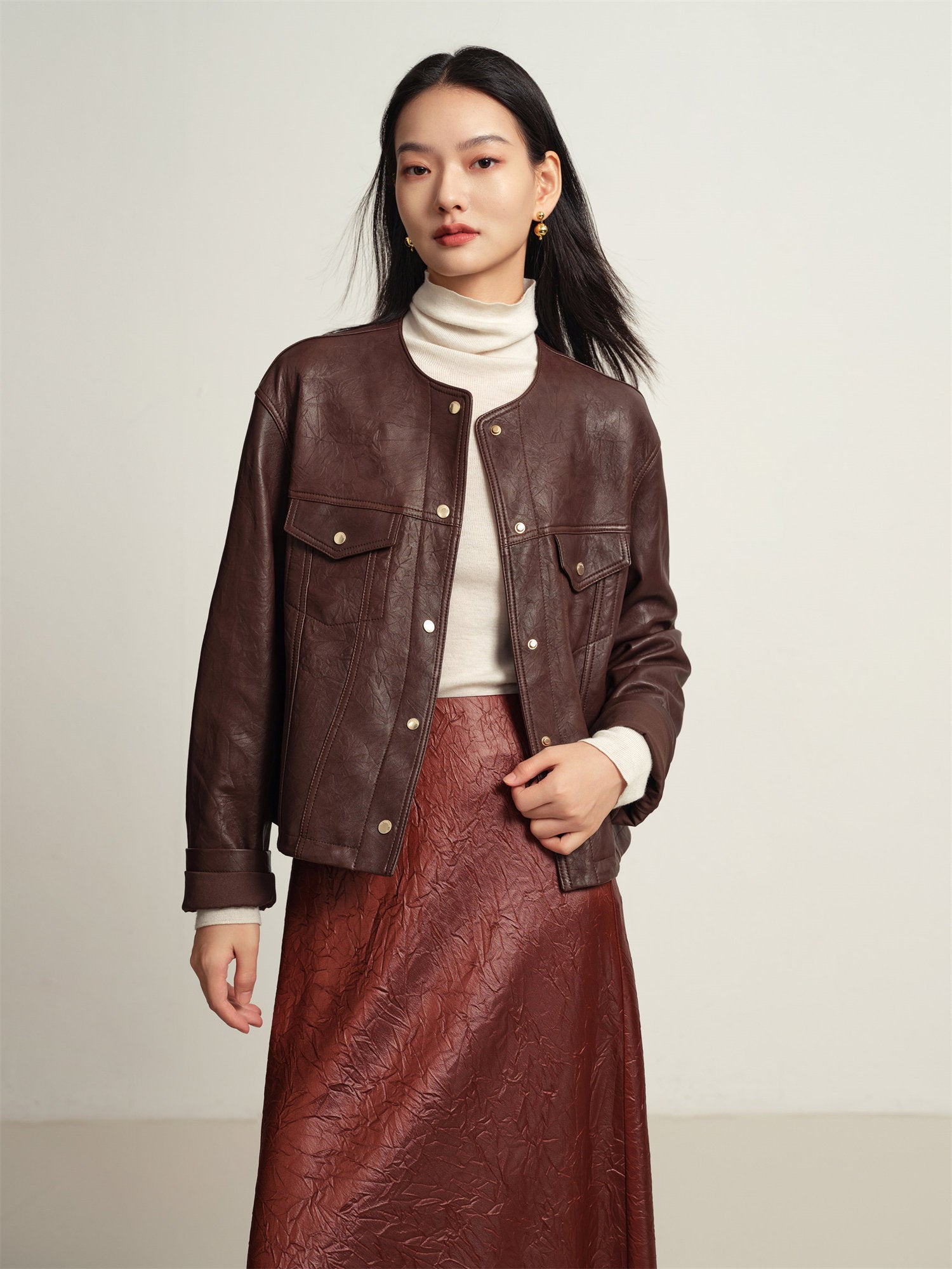 EP YAYING Leather Round Neck Leather Jacket