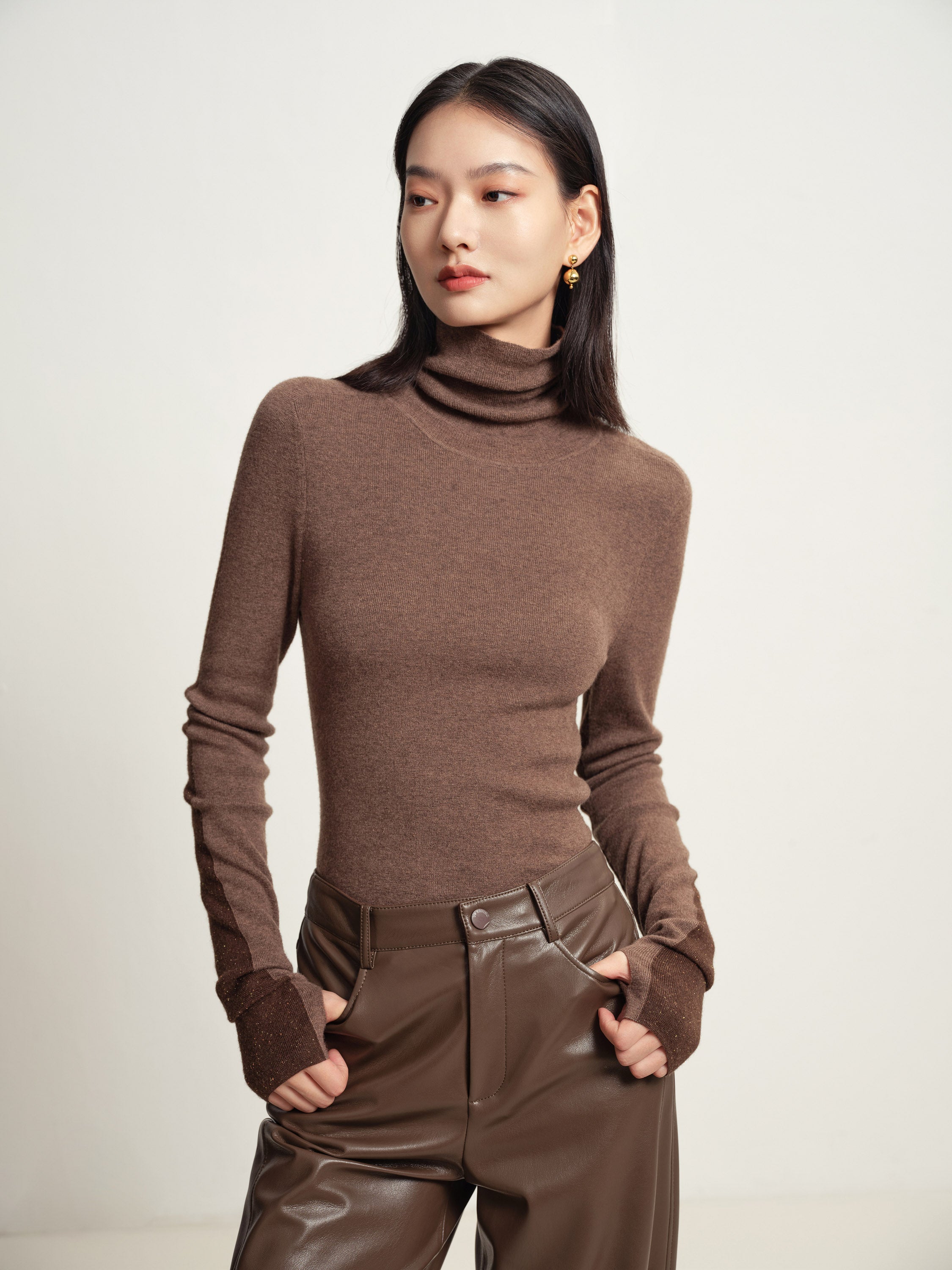 EP YAYING Brown Turtleneck Knit Top