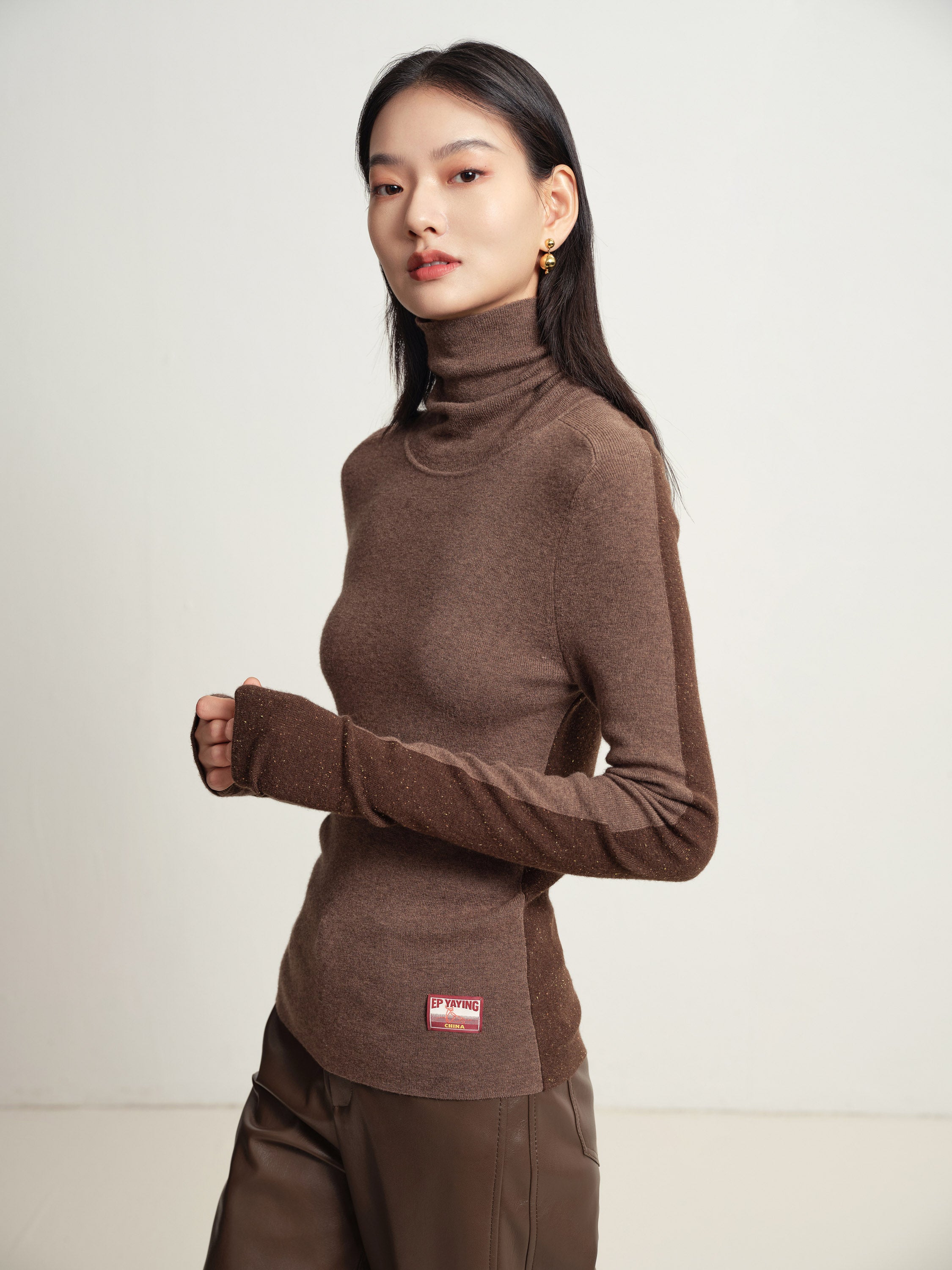 EP YAYING Brown Turtleneck Knit Top