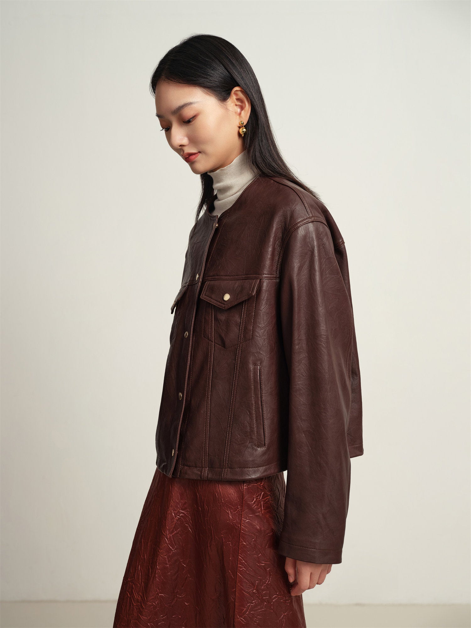 EP YAYING Leather Round Neck Leather Jacket