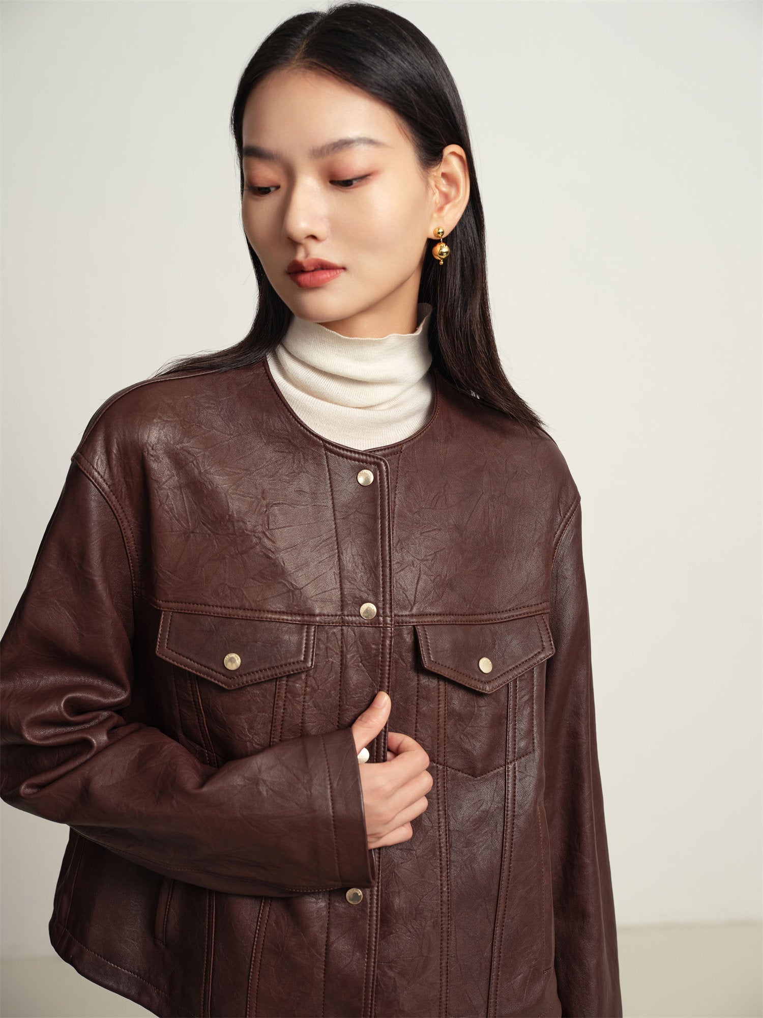 EP YAYING Leather Round Neck Leather Jacket