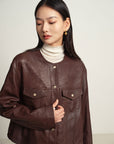 EP YAYING Leather Round Neck Leather Jacket