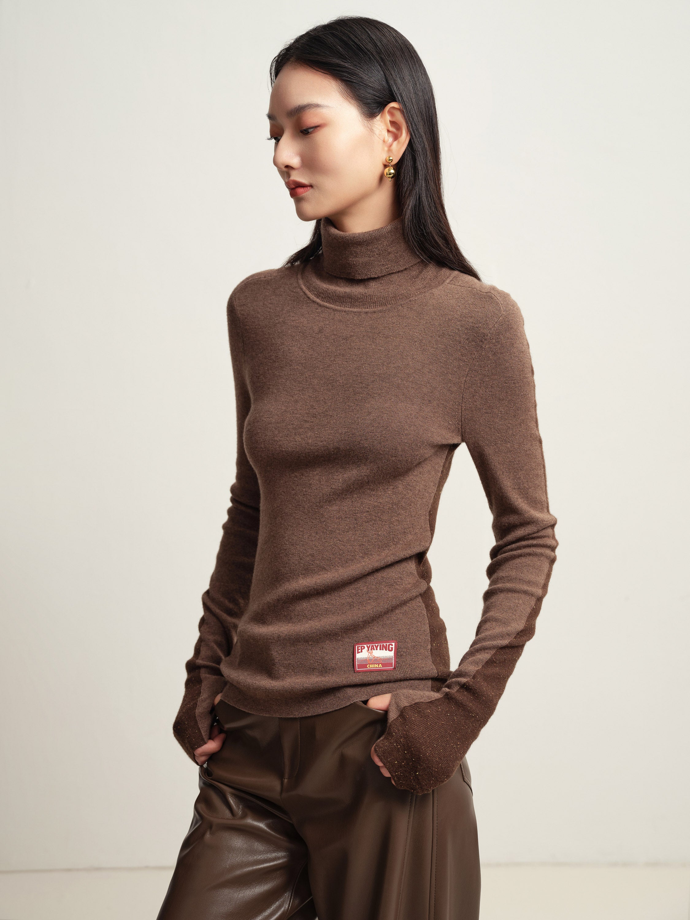 EP YAYING Brown Turtleneck Knit Top