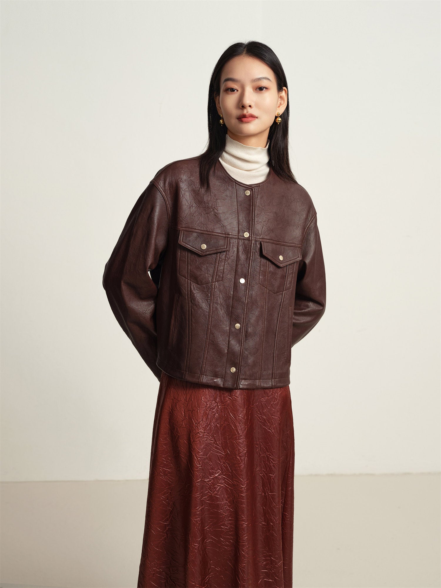 EP YAYING Leather Round Neck Leather Jacket