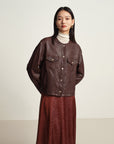 EP YAYING Leather Round Neck Leather Jacket