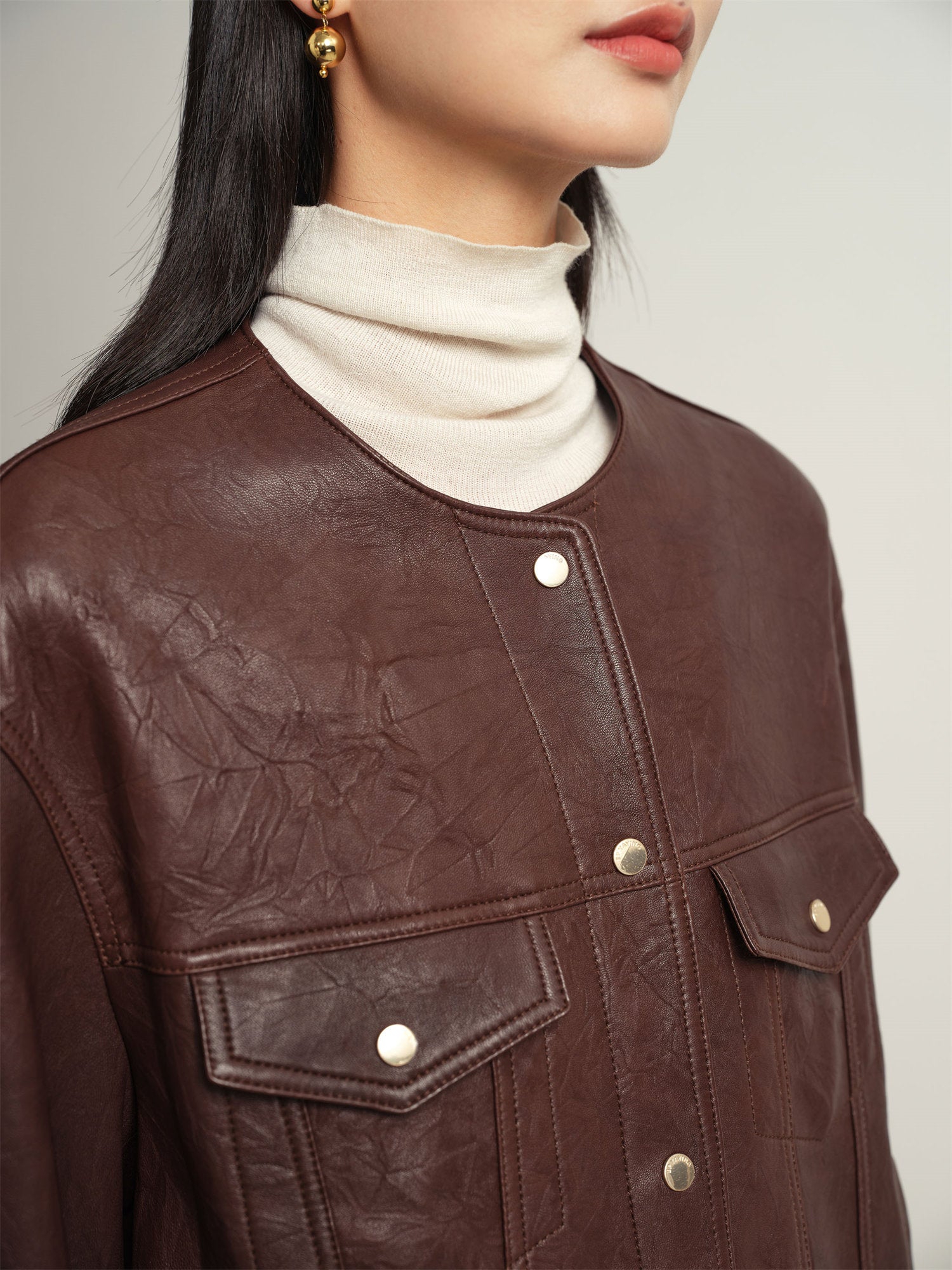 EP YAYING Leather Round Neck Leather Jacket