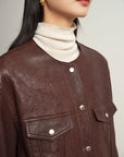 EP YAYING Leather Round Neck Leather Jacket