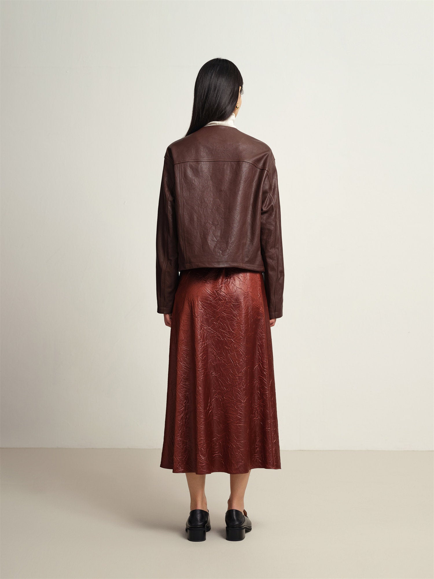 EP YAYING Leather Round Neck Leather Jacket