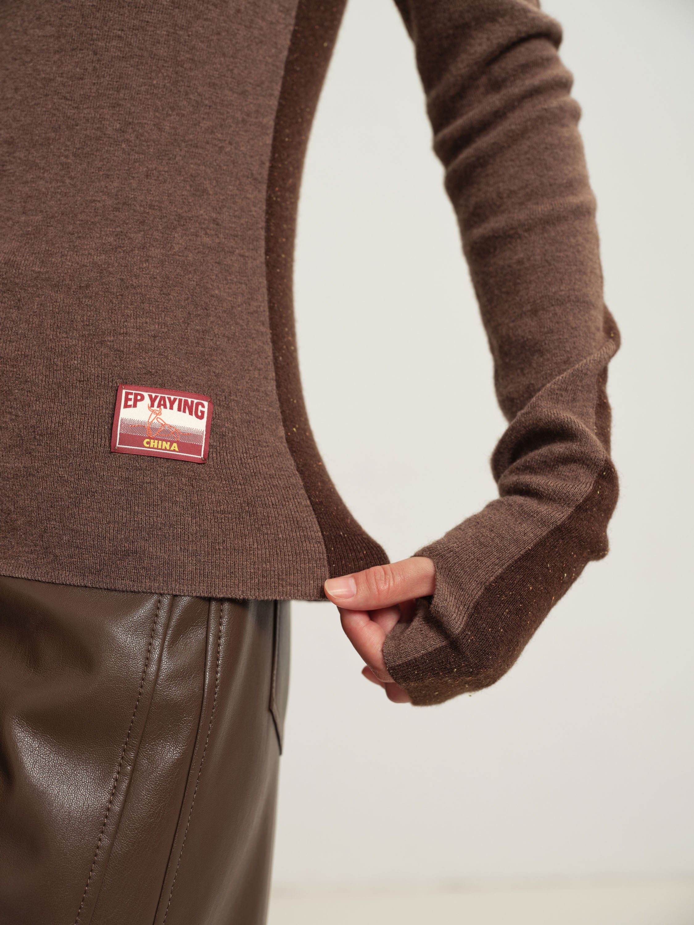 EP YAYING Brown Turtleneck Knit Top