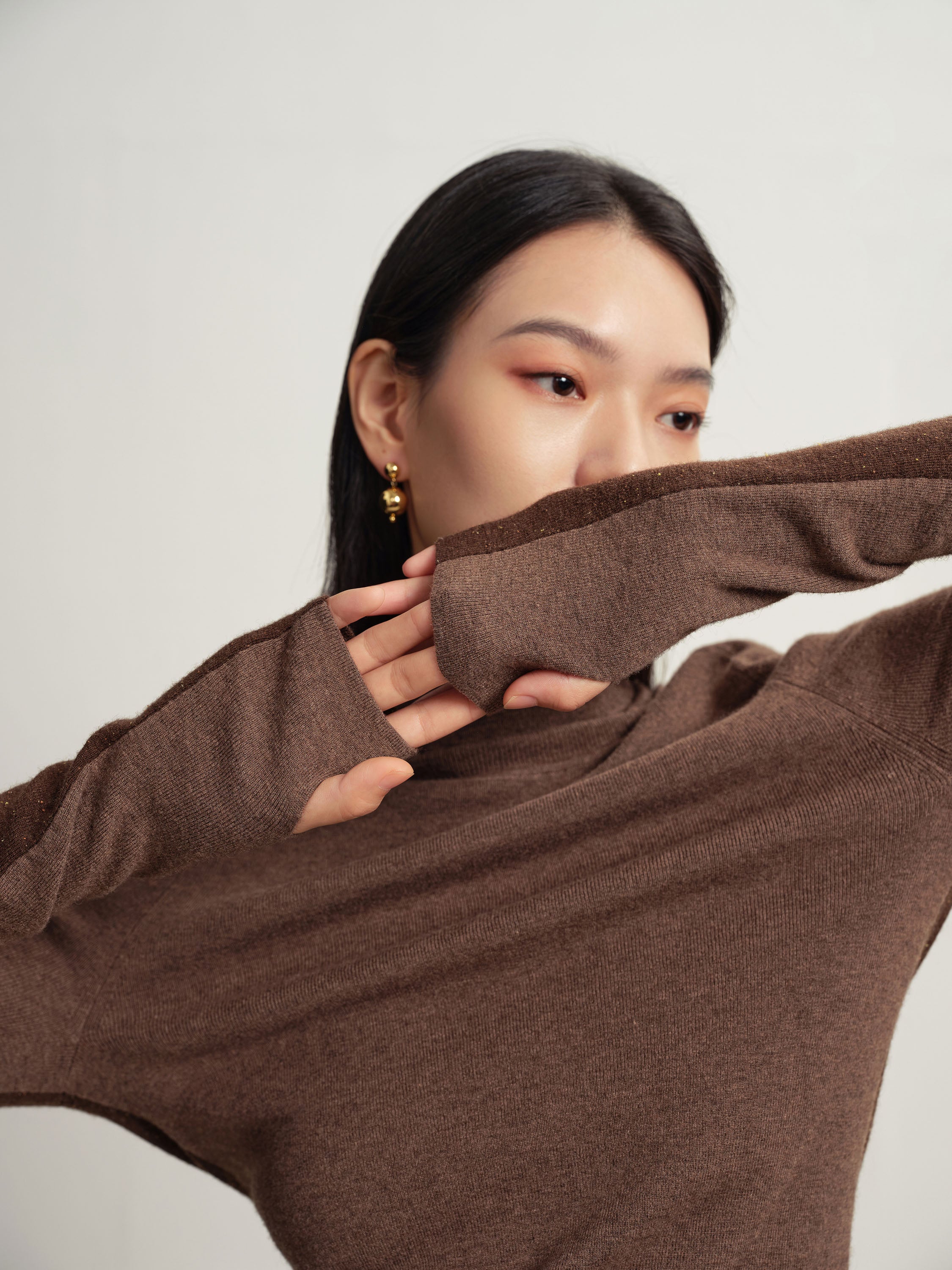 EP YAYING Brown Turtleneck Knit Top