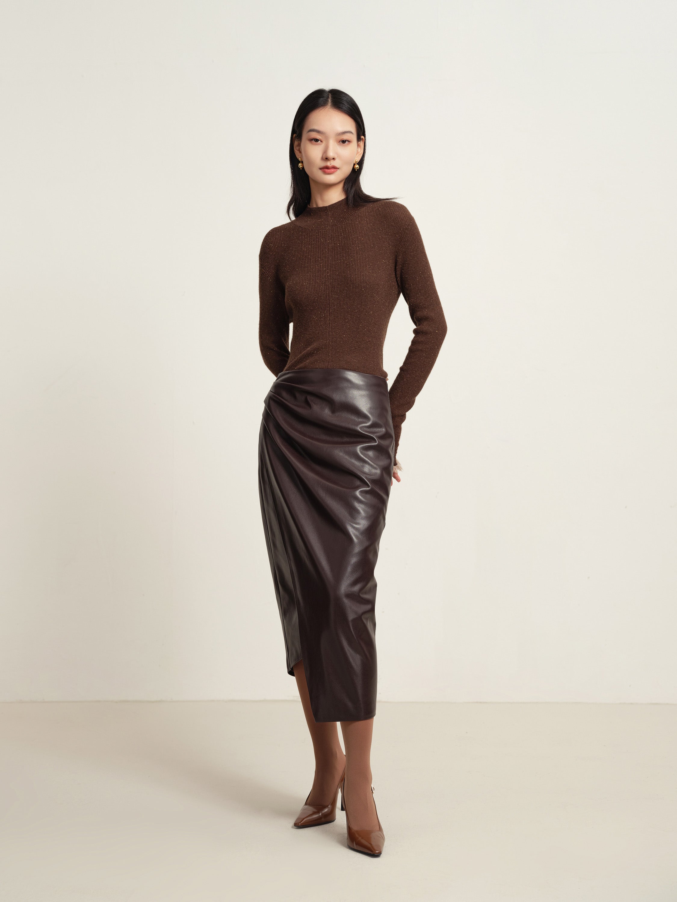 EP YAYING Brown Long Sleeve Knit Top