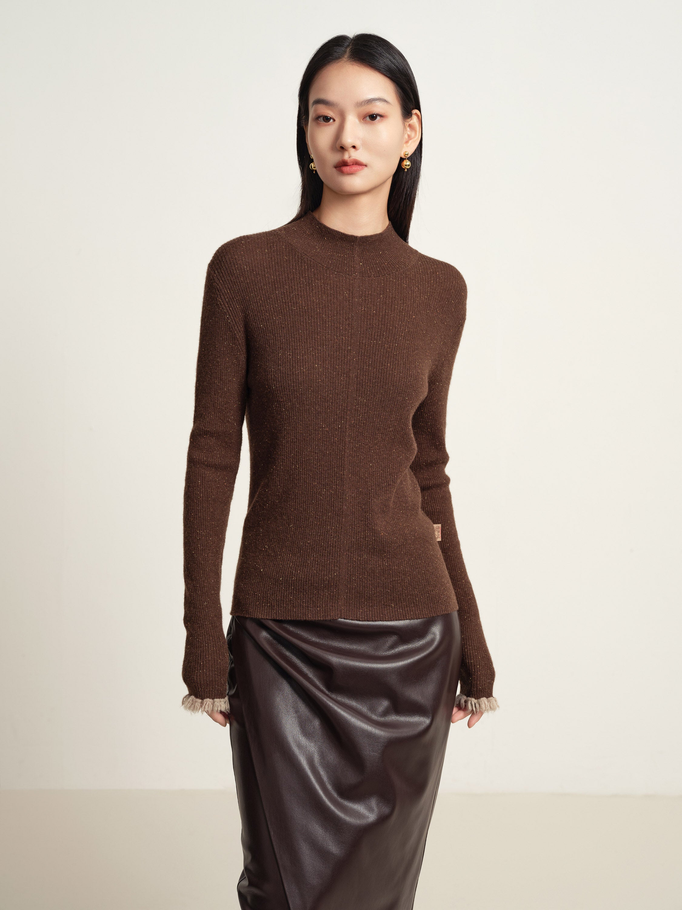 EP YAYING Brown Long Sleeve Knit Top