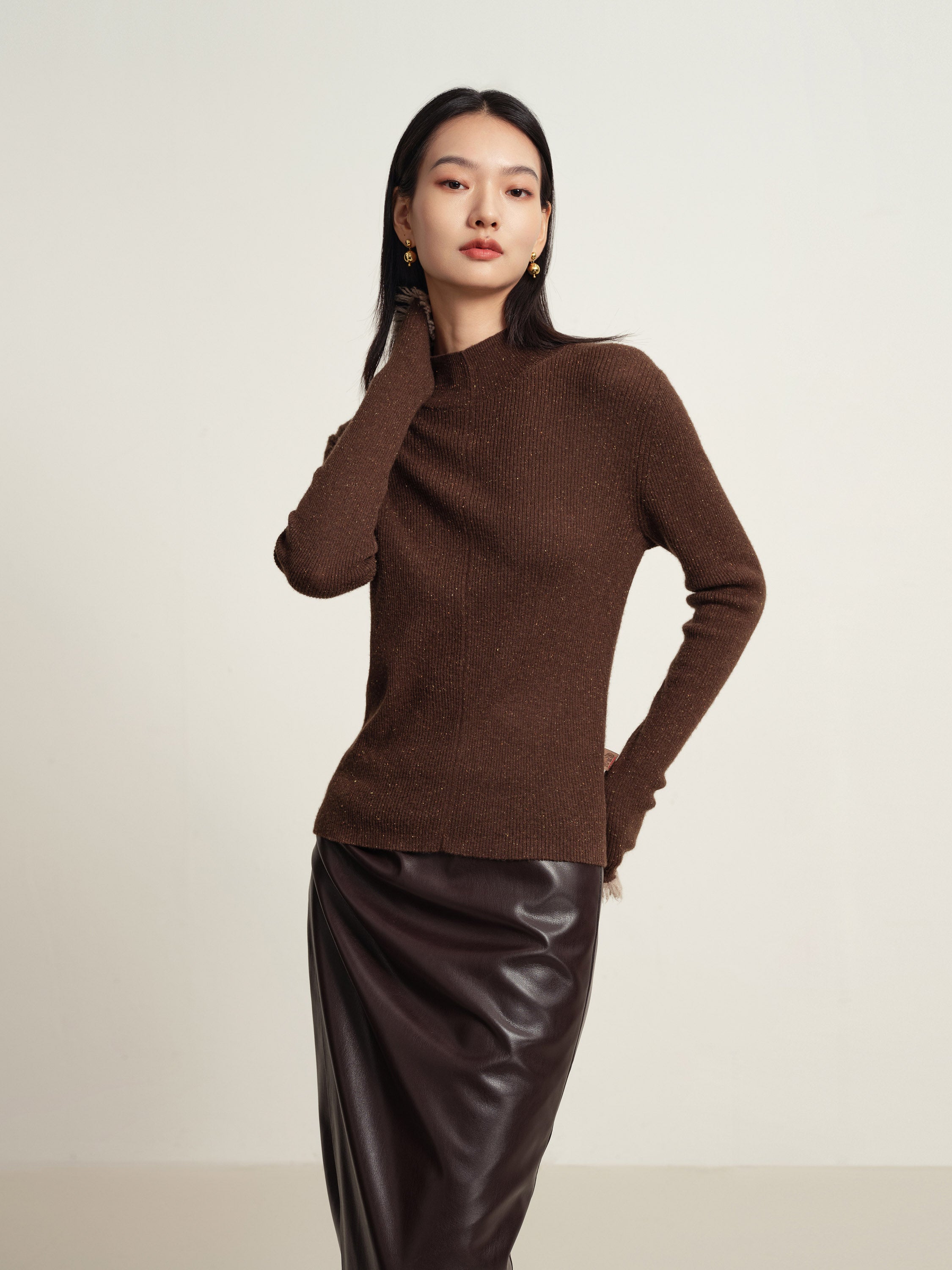 EP YAYING Brown Long Sleeve Knit Top