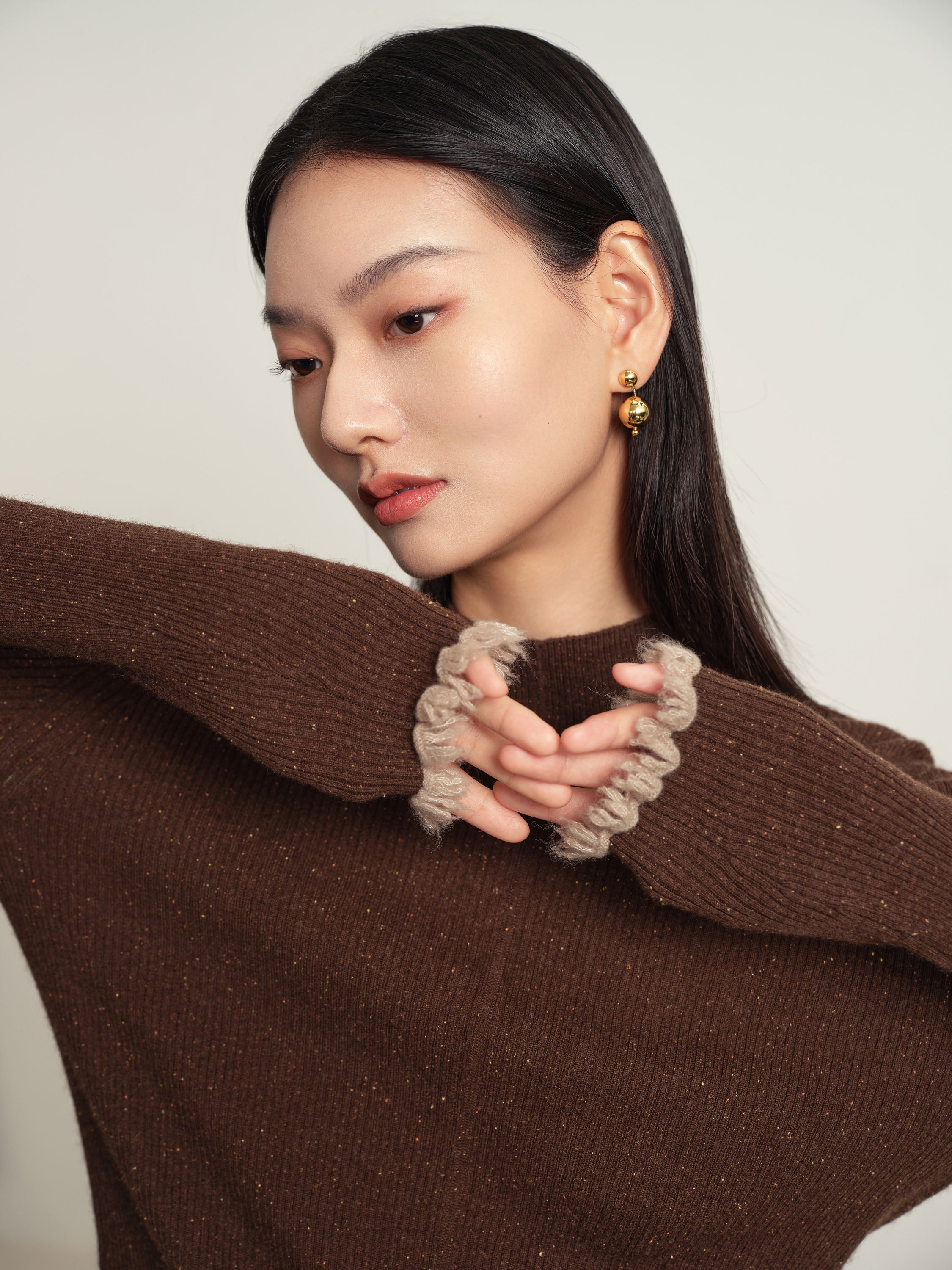 EP YAYING Brown Long Sleeve Knit Top