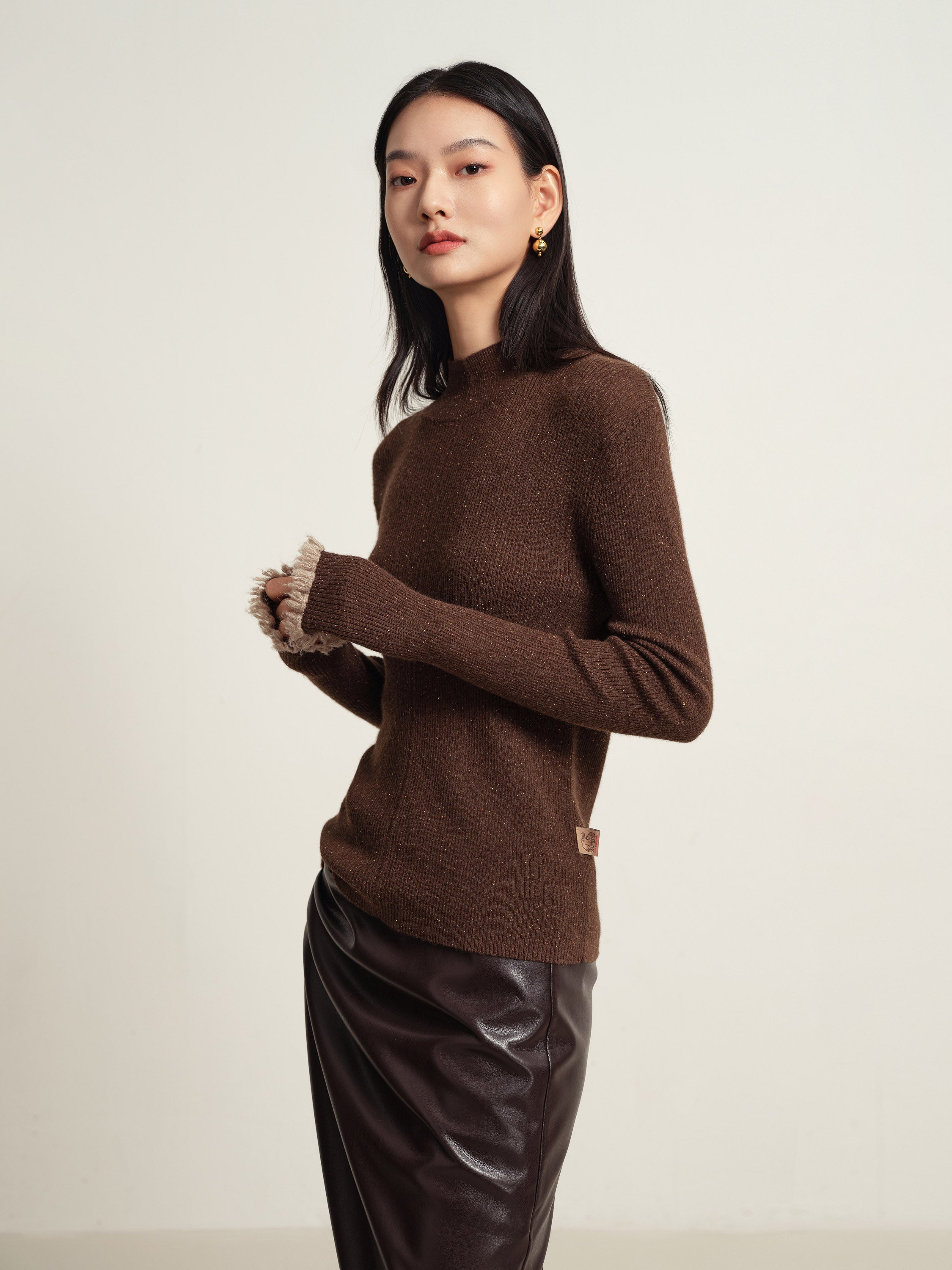 EP YAYING Brown Long Sleeve Knit Top