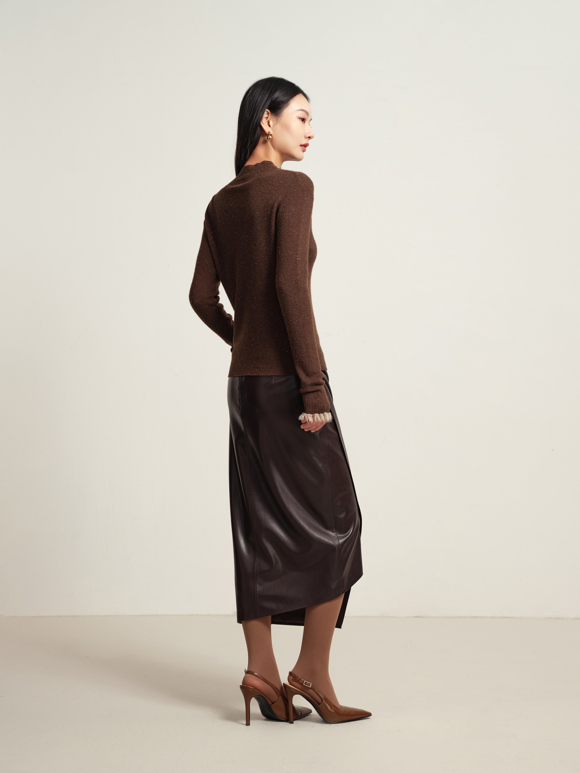 EP YAYING Brown Long Sleeve Knit Top