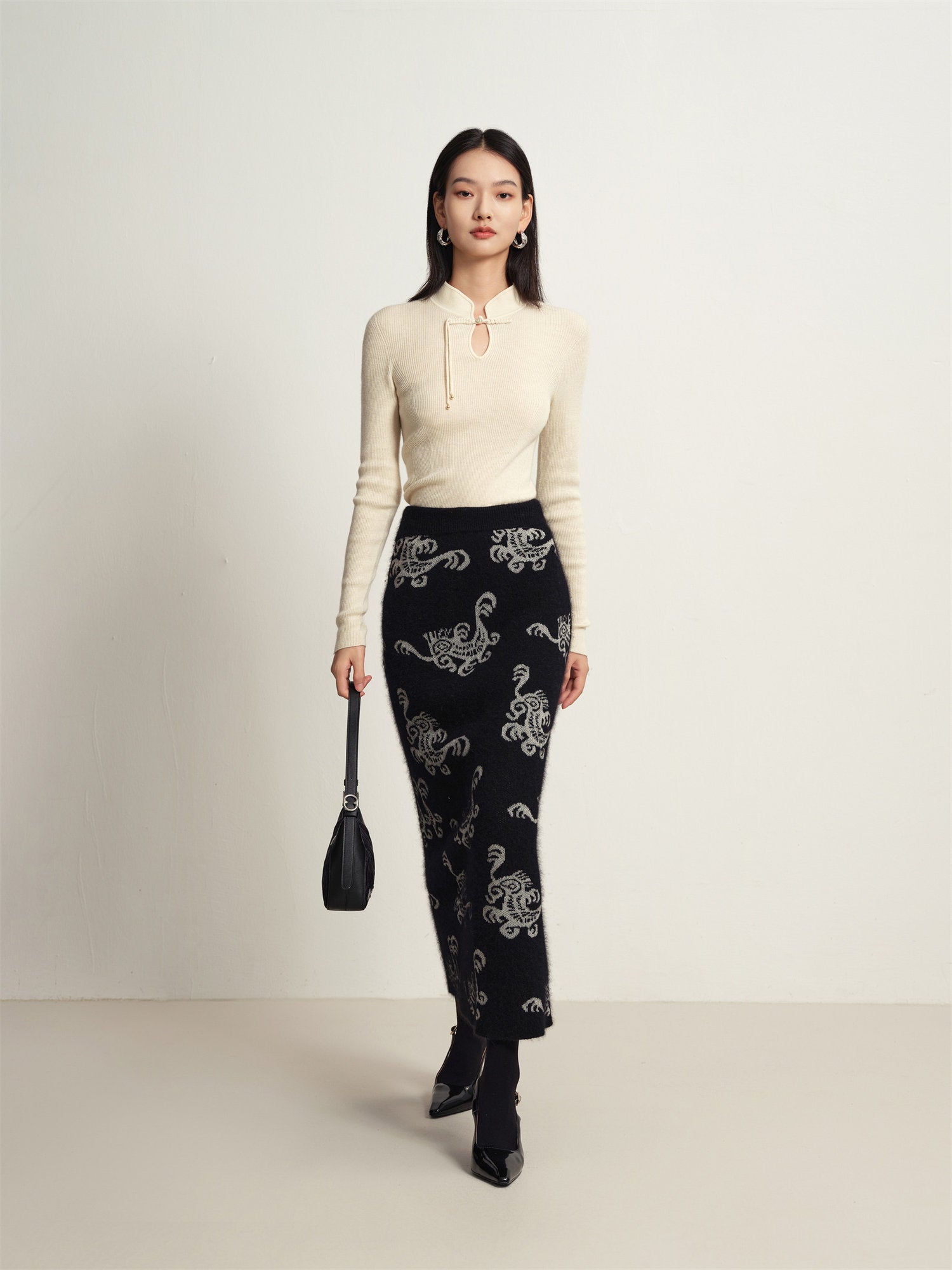 EP YAYING Jacquard Knitted Midi Skirt