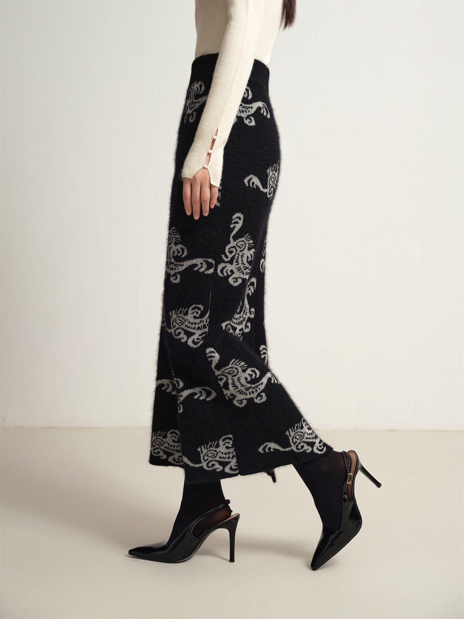 EP YAYING Jacquard Knitted Midi Skirt