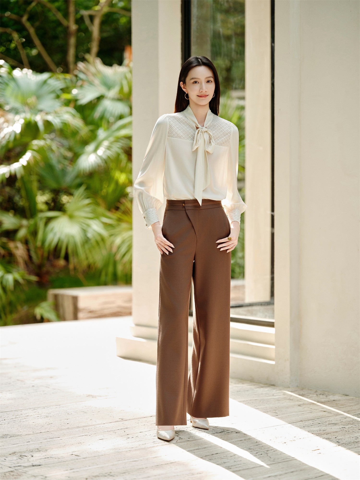 YAYING Silk Tie-Neck Embroidered Shirt EPKAS2302AM